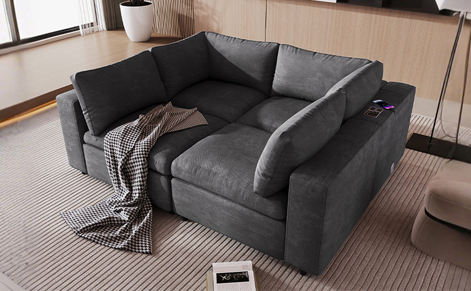 Upholstered Modular Sofa With With Storage Space, Usb Charge Ports,Wireless Charging And Built In Bluetooth Speaker In Arm,Sectional Sofa For Living Room Apartment. Old Sku:Wy000317Aae Gray