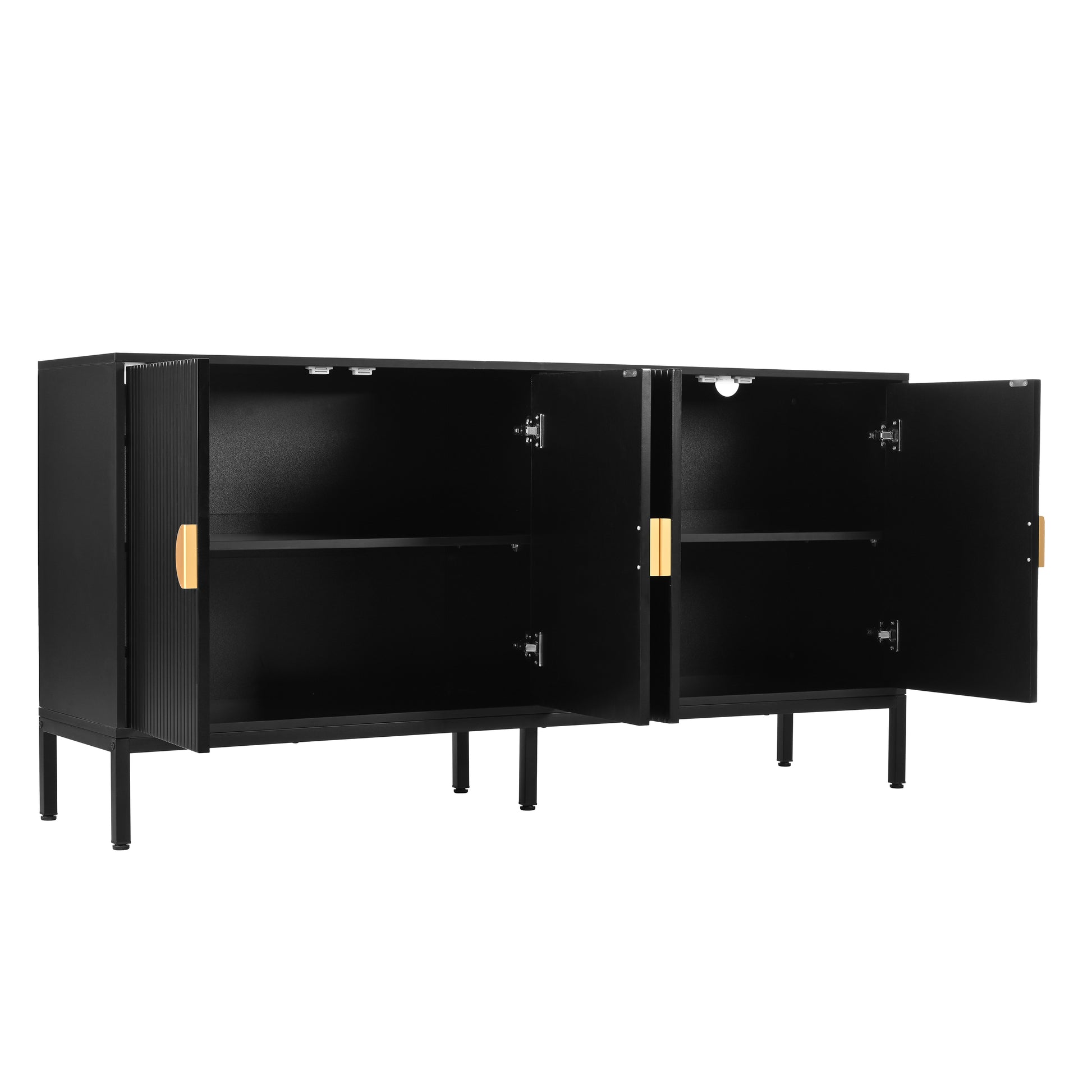 Exquisite Vertical Striped Four Door Sideboard With Sturdy Metal Legs And Semi Circular Handles, Suitable For Study, Entryway And Living Room Black Primary Living Space American Design Mdf