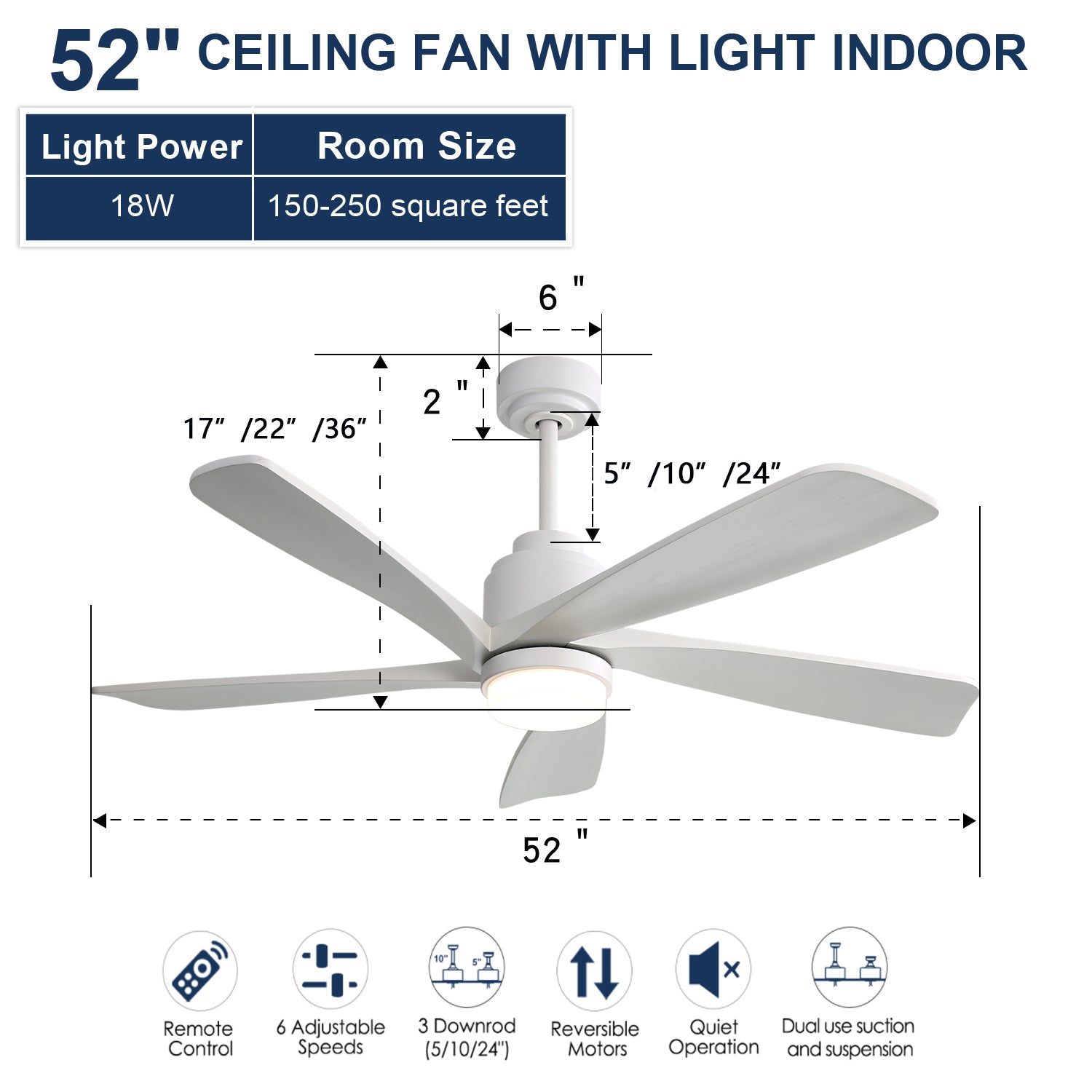 52 Inch Modern Ceiling Fan With Dimmable Led Light 5 Solid Wood Blades Smart Remote Control Reversible Dc Motor White Metal & Wood