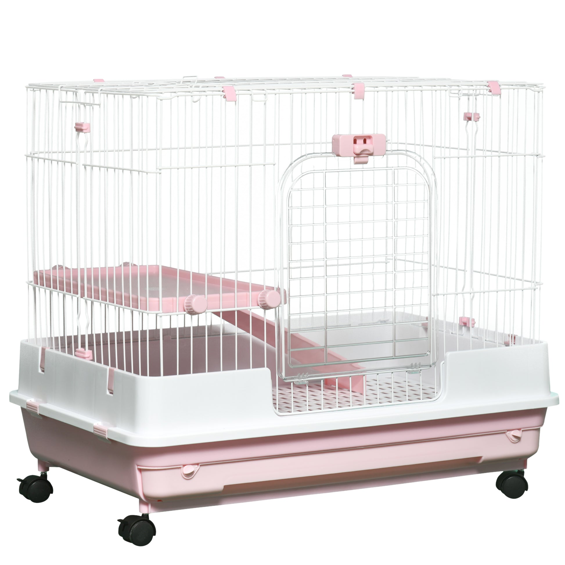 Pawhut 2 Level Small Animal Cage Rabbit Hutch With Wheels, Removable Tray, Platform And Ramp For Bunny, Chinchillas, Ferret, Pink Pink Iron Plastic