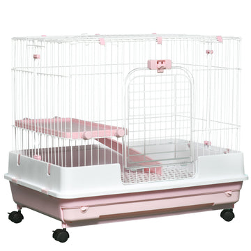 Pawhut 2 Level Small Animal Cage Rabbit Hutch With Wheels, Removable Tray, Platform And Ramp For Bunny, Chinchillas, Ferret, Pink Pink Iron Plastic