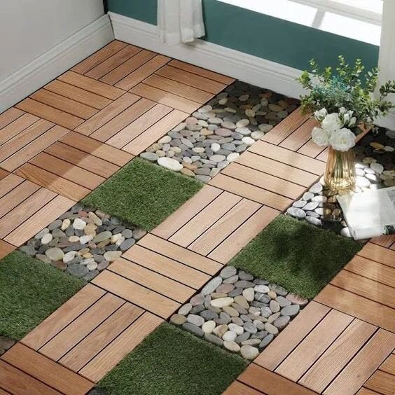 Patio Floor Tiles Pack Of 22 Wpc Wood Plastic Composite Patio Deck Tiles Diy Interlocking Decking Tiles, Quick Deck Floor Tile, Court Tile, Water Resistant Indoor Outdoor 11.8" Oak Oak Plastic