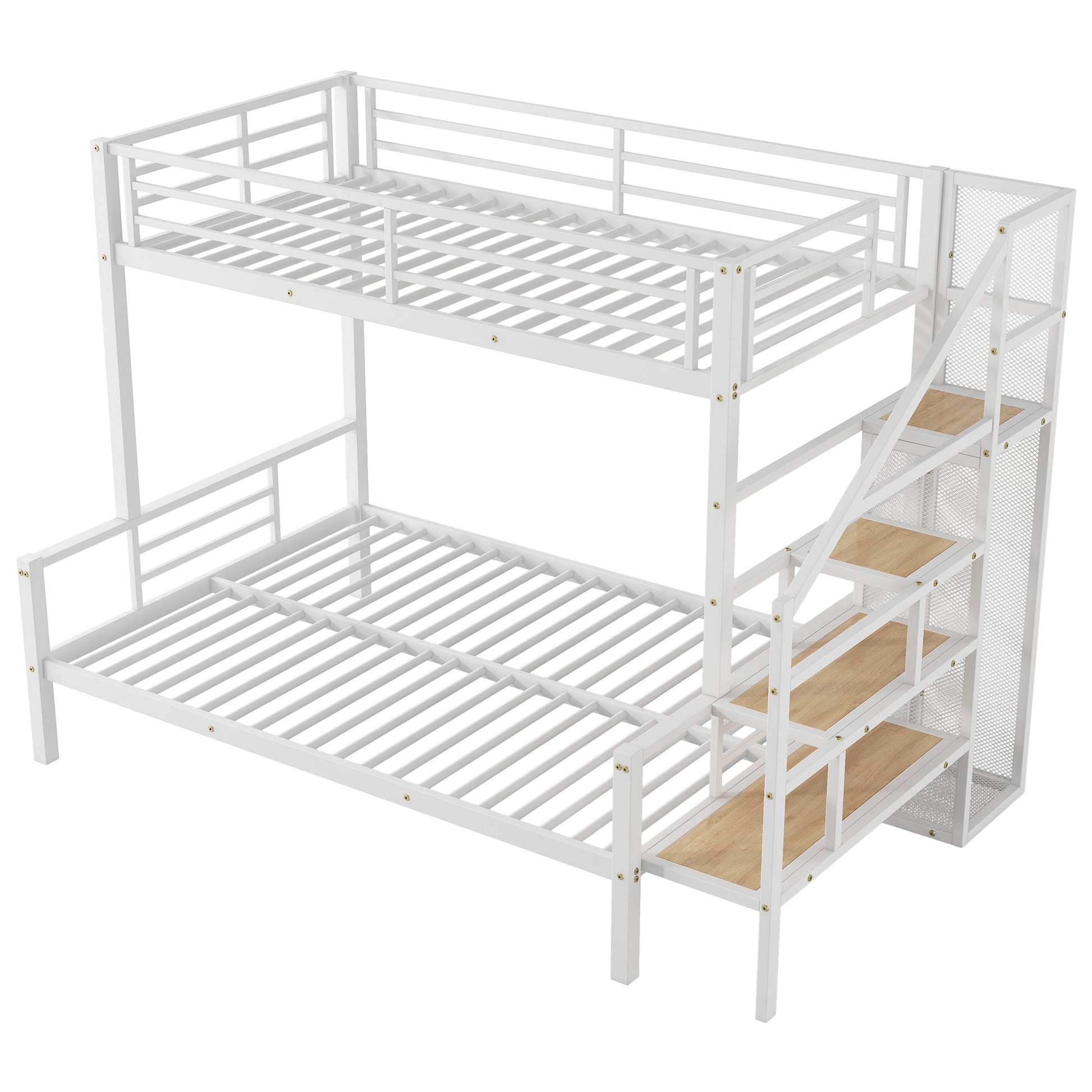 Twin Over Full Size Metal Bunk Bed With Storage Staircase And Open Wardrobe,White Expected Arrival Time:11.15 White Mdf Metal