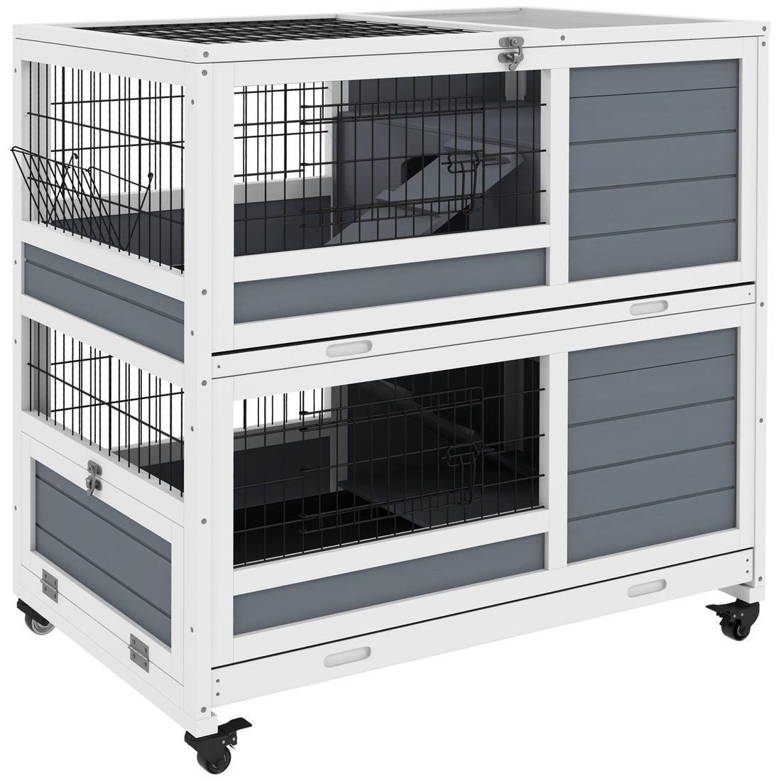 Pawhut Indoor Rabbit Hutch With Wheels, 2 Tier Rabbit Cage, 35.5" Wooden Guinea Pig Cage With Feeding Trough, Removable Trays, Ramps & Openable Top For 1 2 Rabbits, Gray Gray Wood