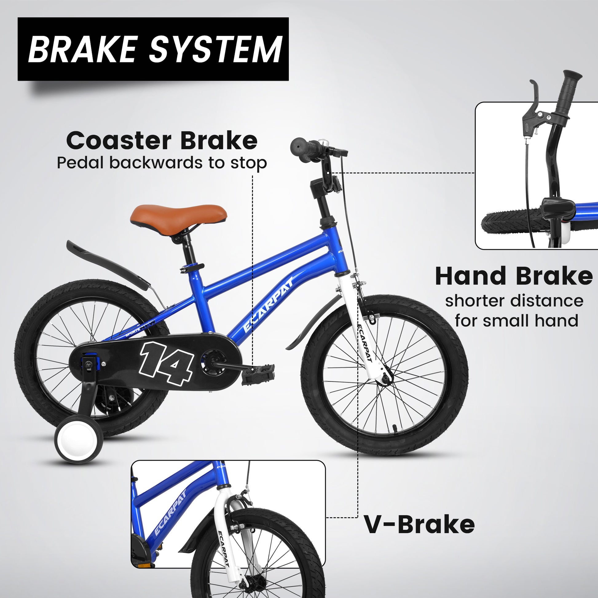 A14114 Kids Bike 14 Inch For Boys & Girls With Training Wheels, Freestyle Kids' Bicycle With Fender. Blue Steel