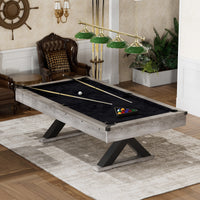 84" Pool Table With Billiard Balls, Cues, Pool Cue Chalk, Cleaning Brush, X Legs, Black Cloth, Rustic Grey,84.1"L X 46.5"W X 32"H Grey Mdf