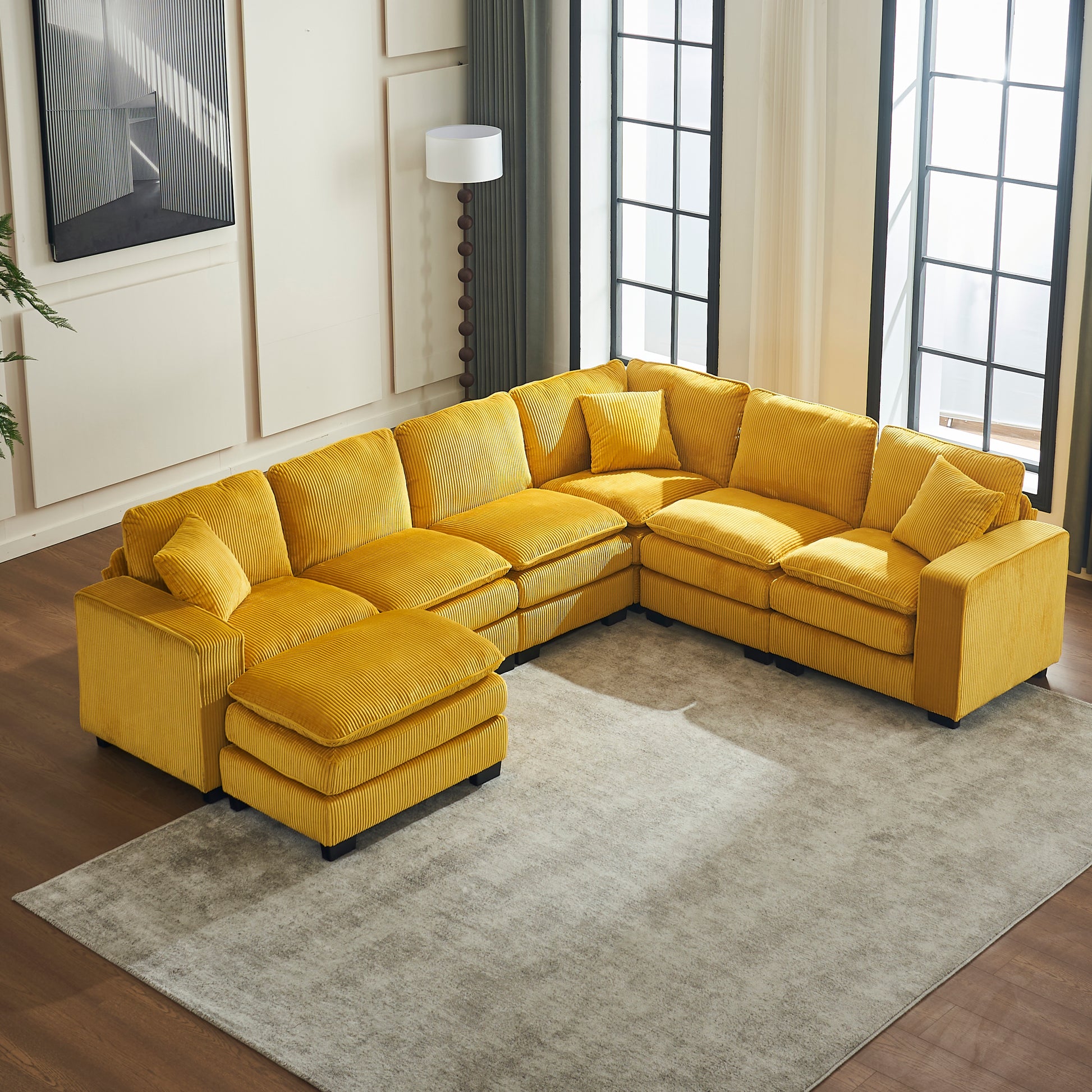 Modern U Shaped 6 Seat Sectional Sofa Couch With One Ottoman And Three Toss Pillows ,Modular Sofa For Living Room,Corduroy Sofa Yellow Corduroy 7 Seat