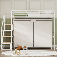 Full Size Metal Loft Bed With Wardrobe And Storage Shelves, White Box Spring Not Required Full White Metal Mdf Metal