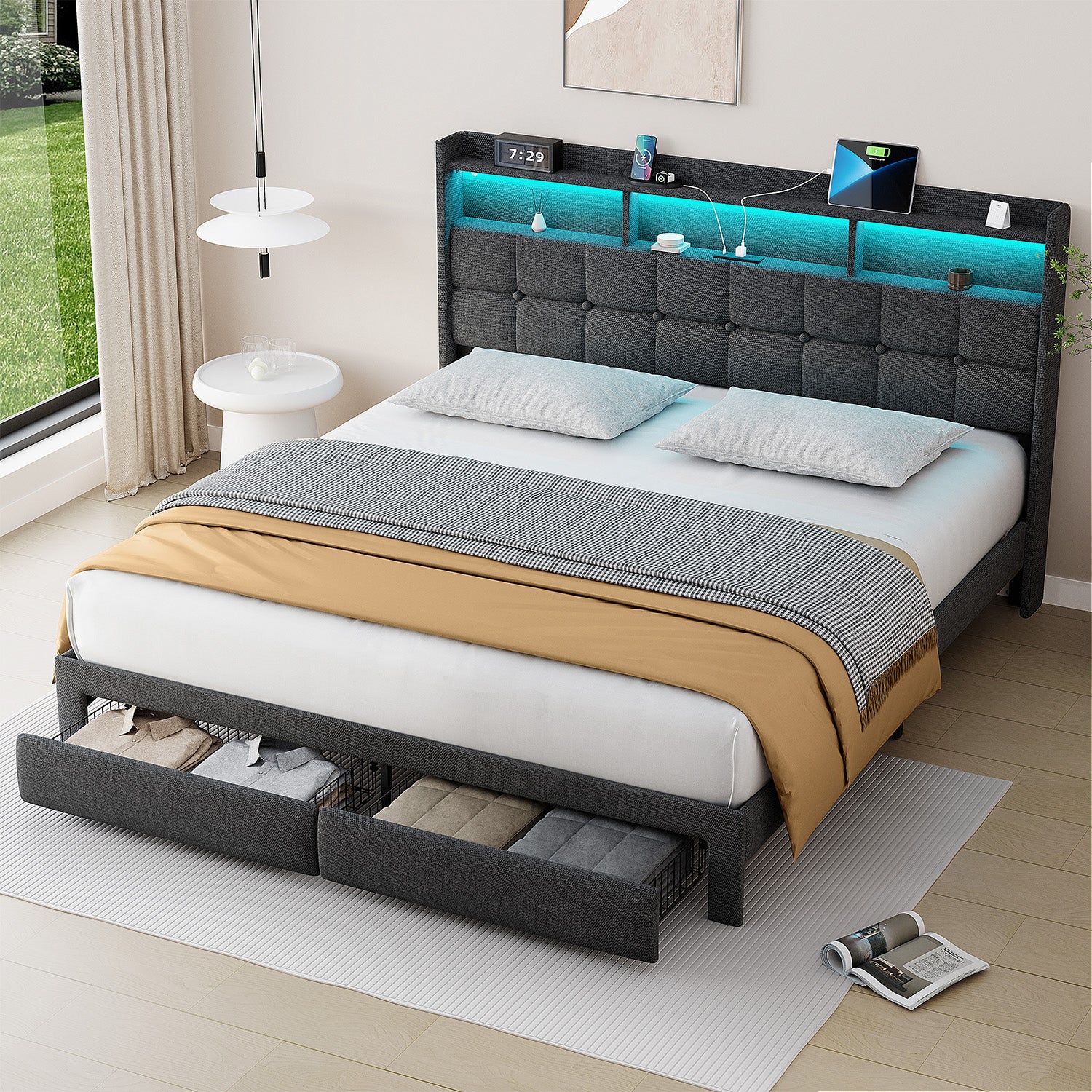 Bed 778King Dg Clb King Dark Gray Wood Fabric