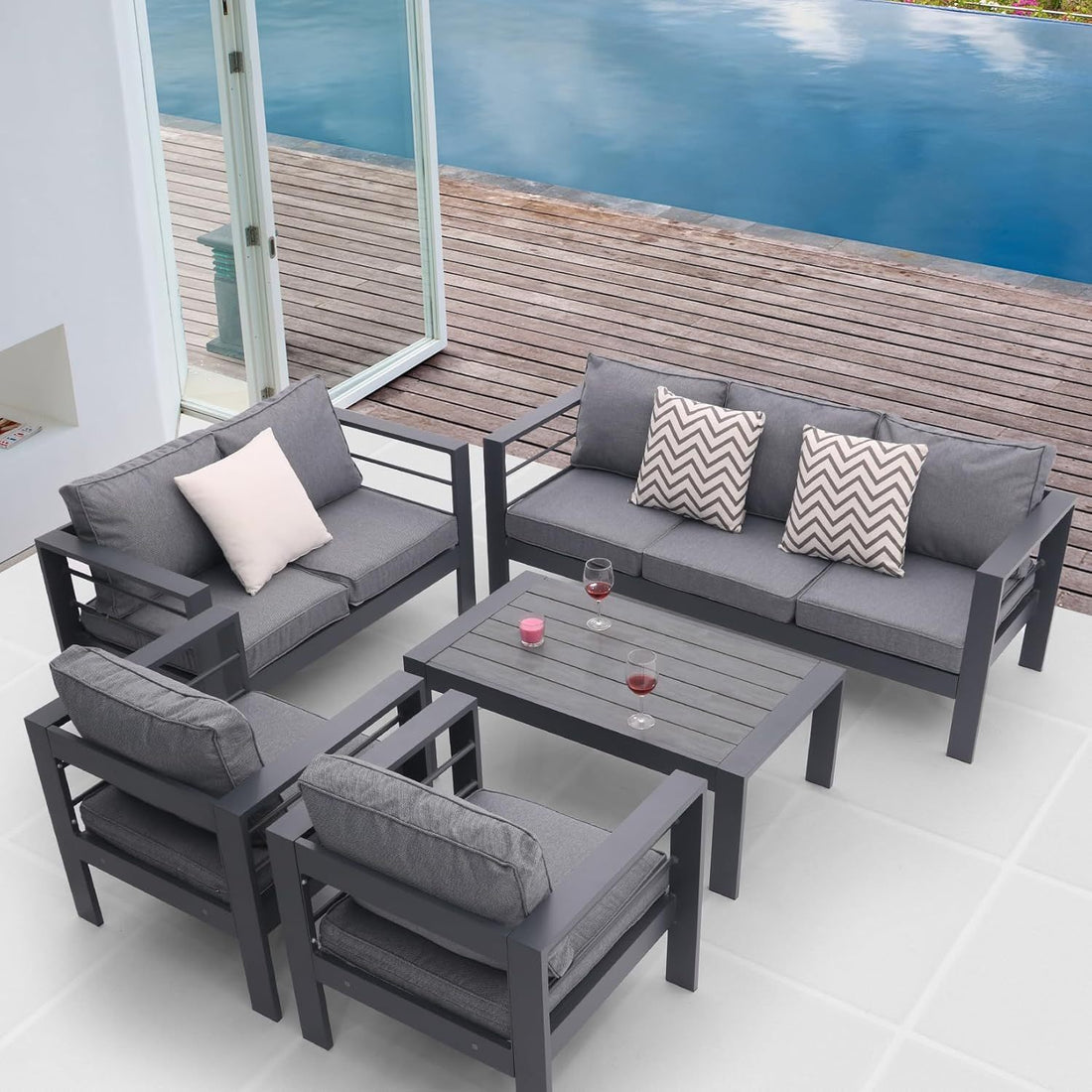 5 Piece Aluminum Outdoor Patio Conversation Set,All Weather Sectional Sofa Outside Furniture With Removable Cushions And Tempered Glass Coffee Table For Courtyard,Poolside,Deck,Balcony Grey Yes Grey Weather Resistant Frame Aluminium