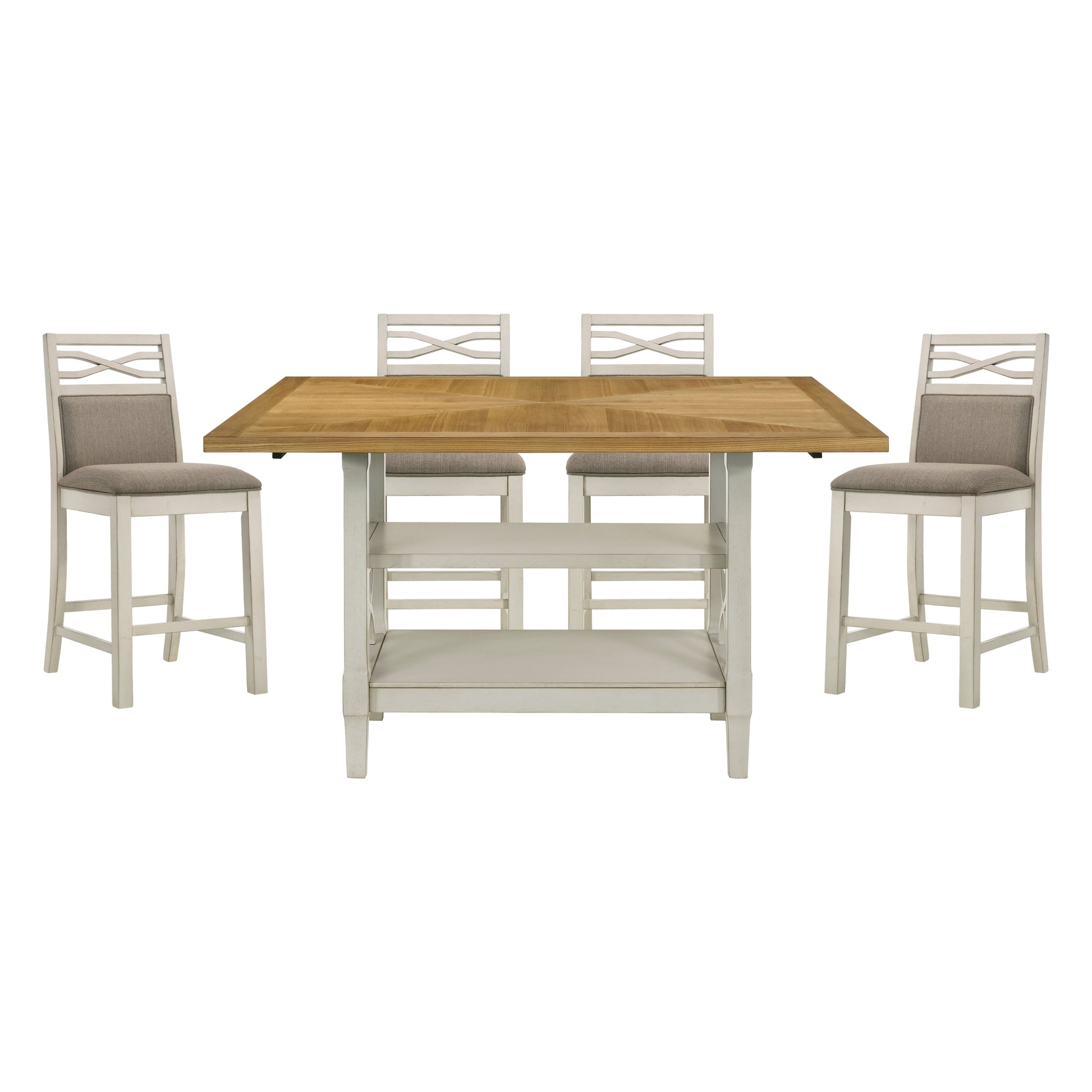 5Pc Dining Set Counter Height Table Base With 2 Shelves, 4 Upholstered Counter Height Chairs Light Oak And Gray Finish Casual Country Style Dining Wooden Kitchen Furniture Gray,Light Oak Seats 4 Dining Room Rectangular Wood