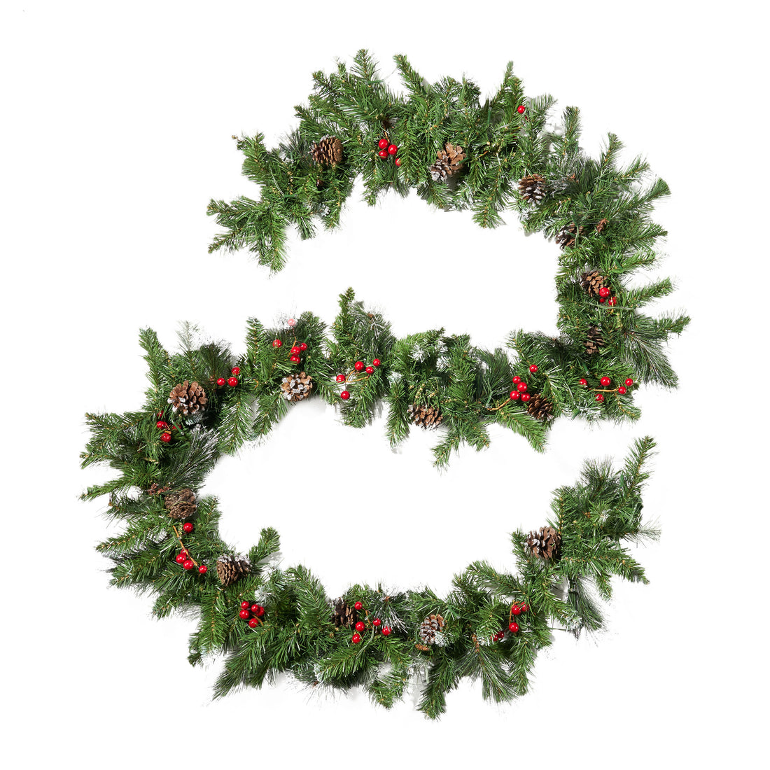 2 Packed 9'X10'' Glitter Bristle Mixed Garland With 15 Red Berry And 15 Pine Cones And With 50 Warm White Led Lights With Timer Battery Operated Outdoor,180 Tips Green Pvc