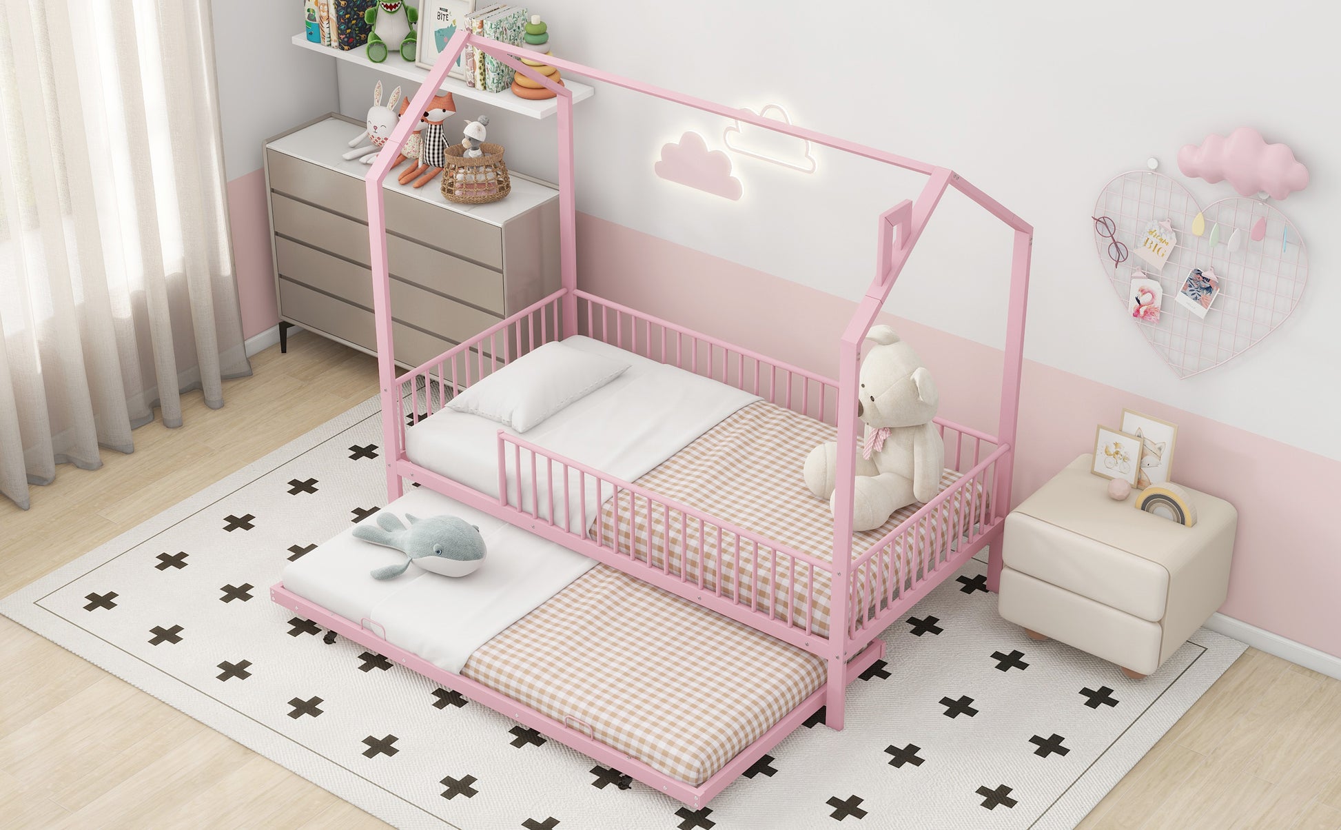 Twin Size Metal House Bed With Fence, With Trundle, Pink Expected Arrival Time: 10.18 Twin Pink Metal