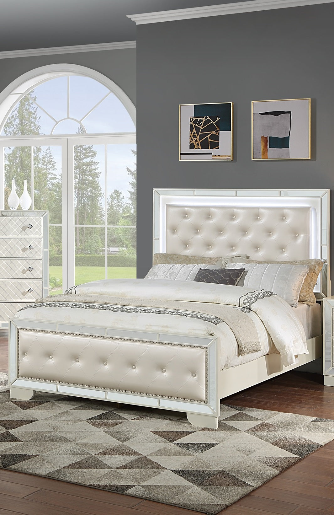 Cream Ivory Tufted Faux Leather Queen Size Bed W Led Lights Beautiful 1Pc Panel Bedframe Mirror Trim Box Spring Required Queen Cream,Ivory Wood Bedroom American