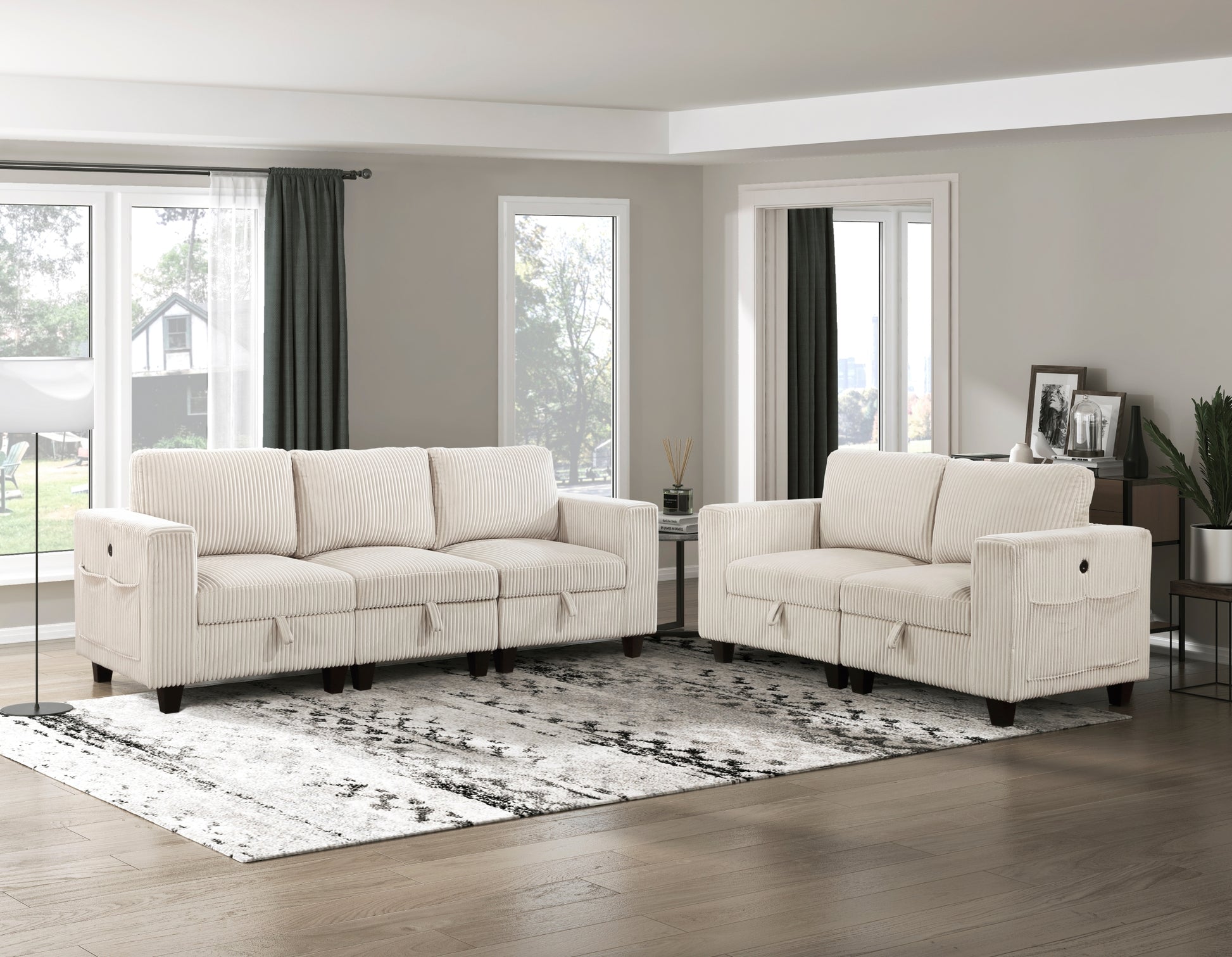 Modern Living Room Furniture 1Pc Beige Chair With One Arm, Storage Pouch And Charging Ports Corduroy Fabric Upholstery Beige Primary Living Space Contemporary,Modern Solid Wood