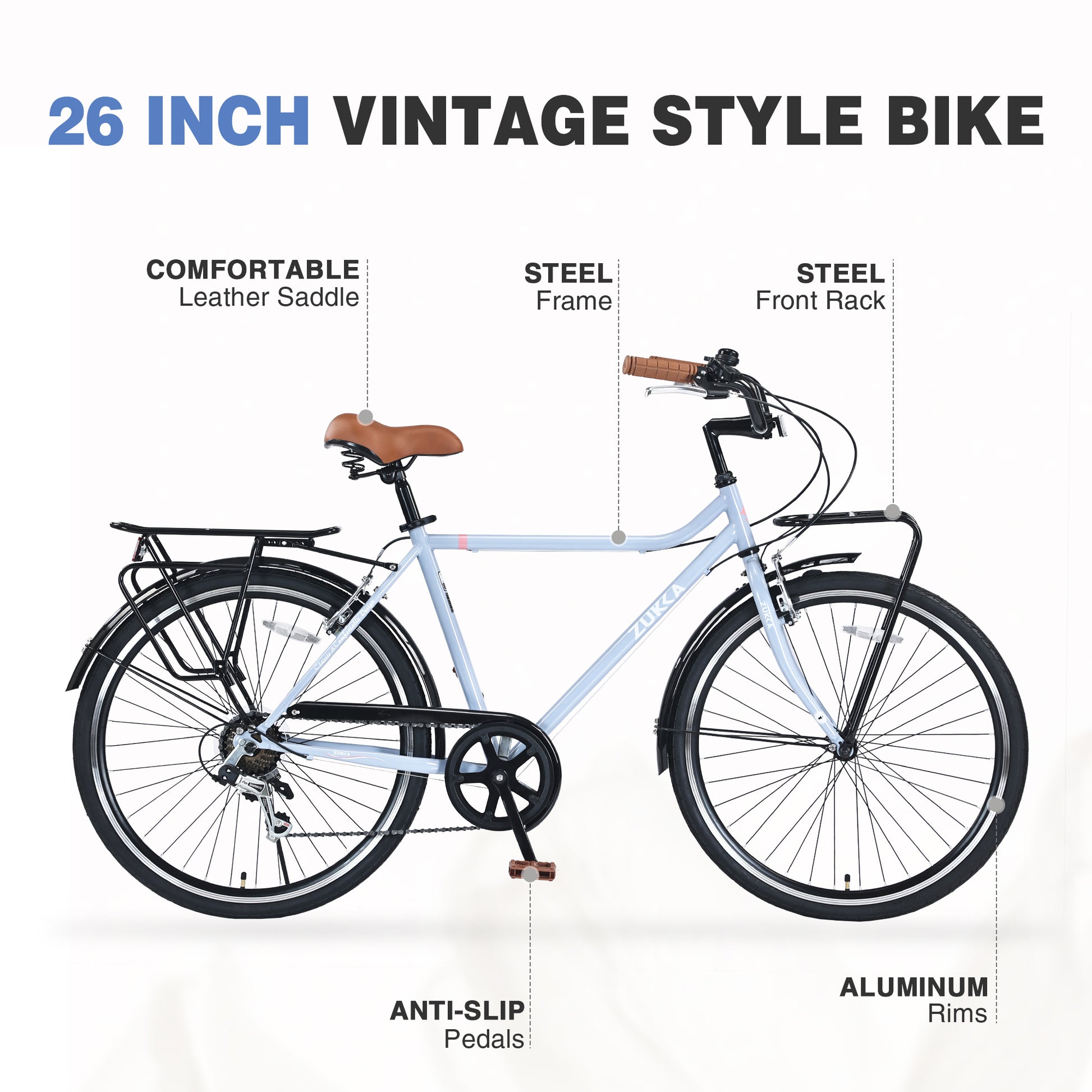 7 Speed, Steel Frame, Multiple Colors 26 Inch Vintage Style Bike,Retro Commute Bike For Women And Men Blue Steel