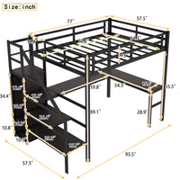 Full Size Loft Bed With L Shaped Desk And Usb, Metal Loft Bed With Wardrobe And Adjustable Shelf, High Loft Bed With Led For Kids Teens Adults, Black Black Metal