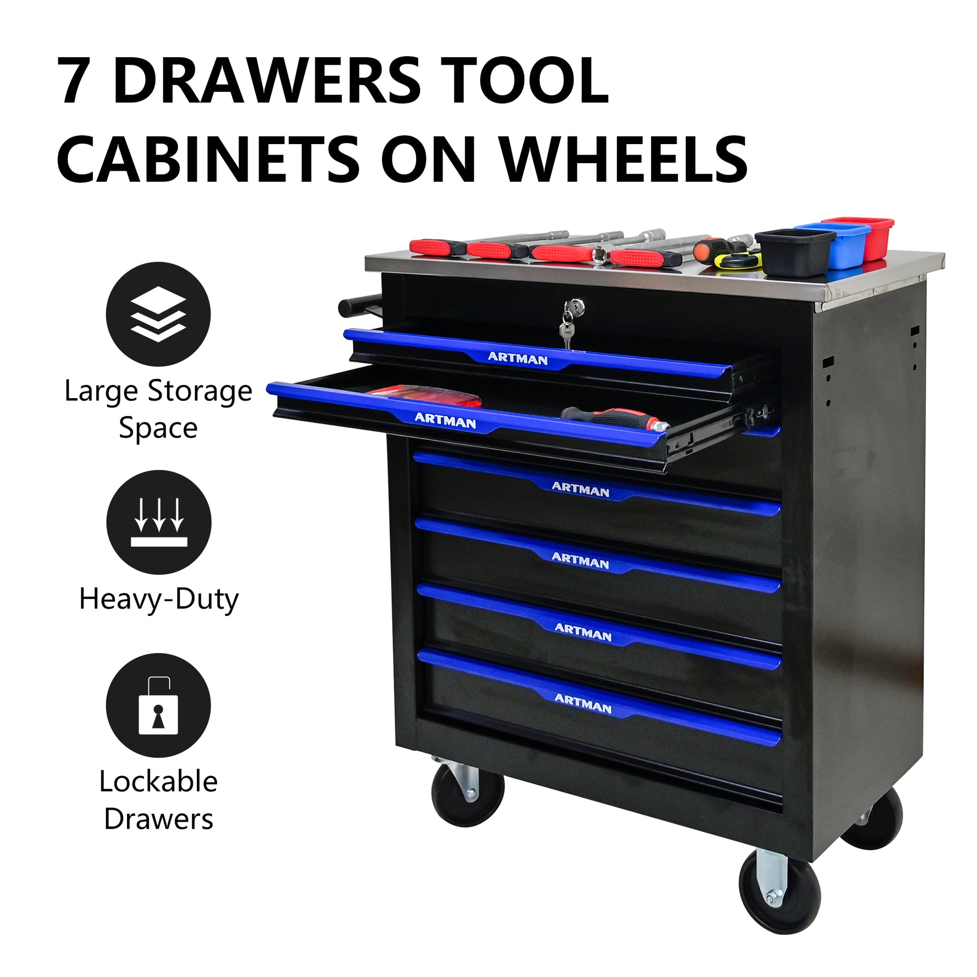 7 Drawers Multifunctional Tool Cart With Wheels Black Blue Black Blue Steel