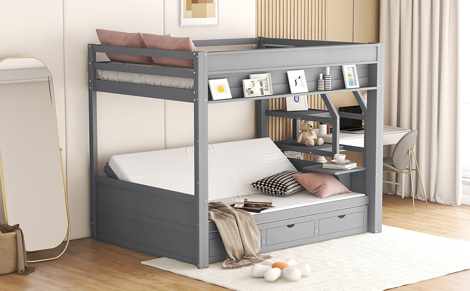 Wood Full Size Convertible Bunk Bed With Storage Staircase, Bedside Table, And 3 Drawers, Gray Gray Solid Wood Mdf