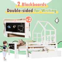 Full Size House Bed With Ladder And Storage Drawers For Kid Bedroom,Solid Wood Platfrom Bedframe With 2 Blackboard Design, No Box Spring Needed, White Full White Partice Board Mdf Pine Wood