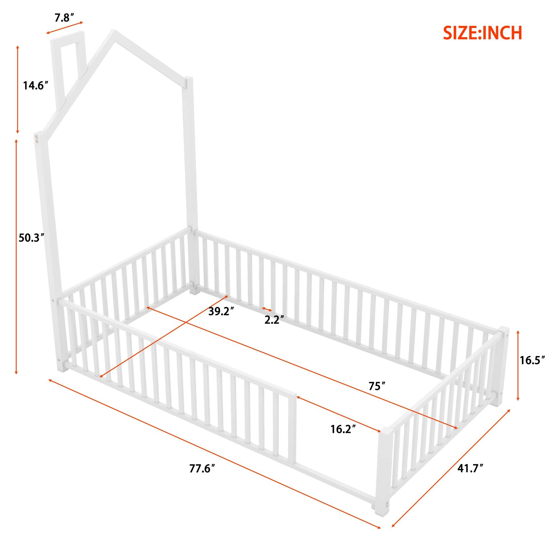 Twin Size Metal House Platform Bed With Guardrail And Chimney, White Box Spring Not Required Twin White Metal Metal