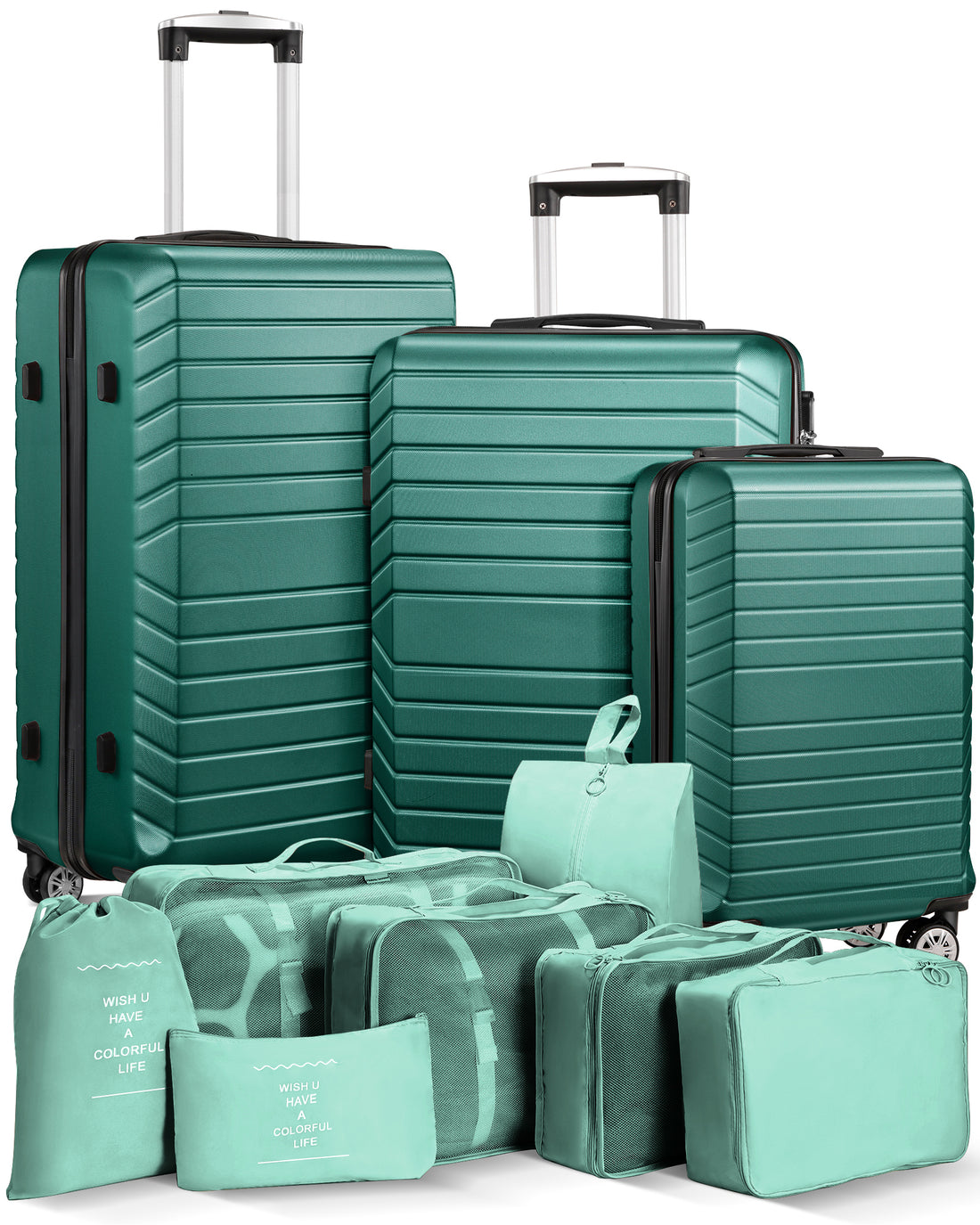 3 Piece Luggage Sets With 7 Pcs Organizer Bags For Kinds Of Travel Dark Green Abs