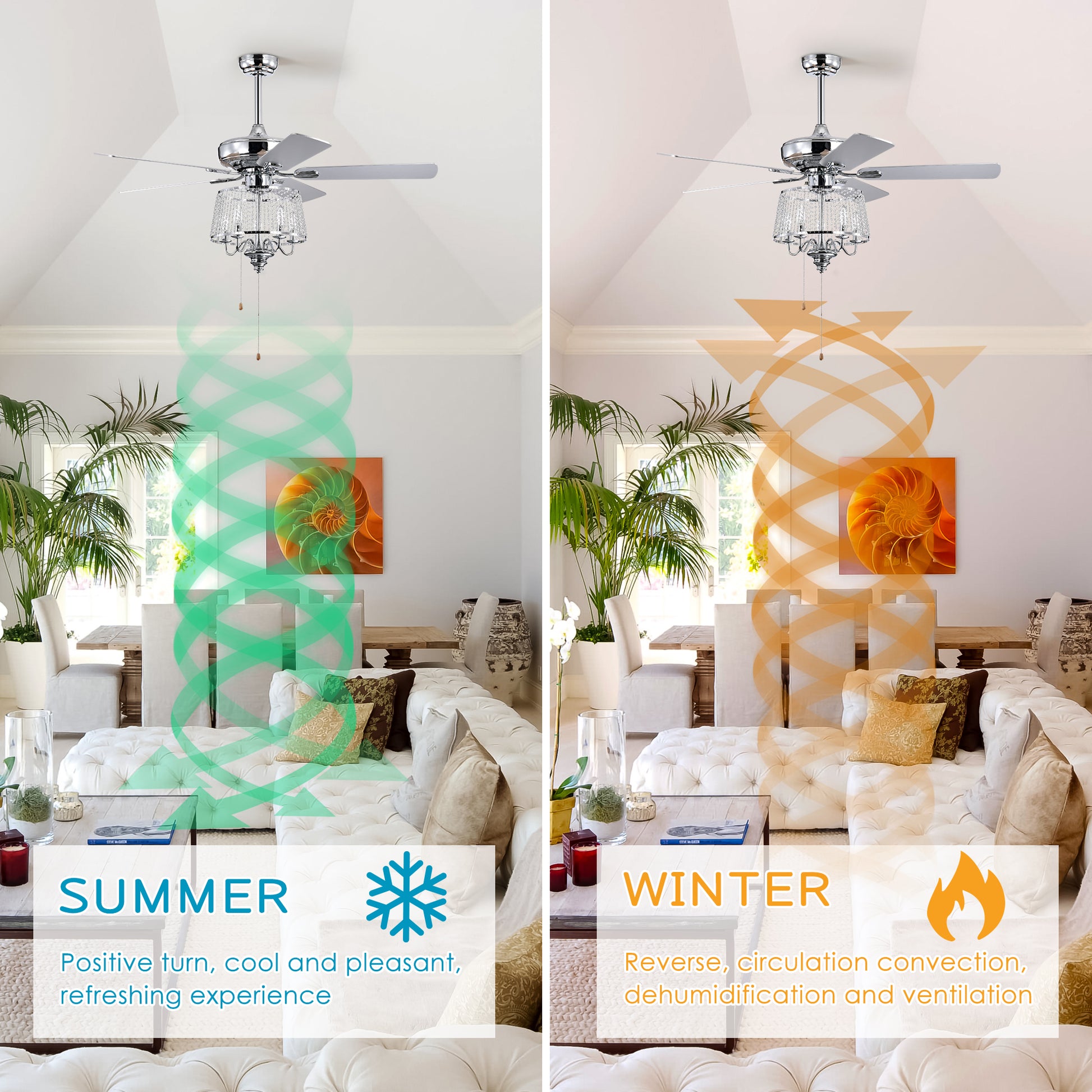 52 Inch Crystal Ceiling Fanmodern Electrical Fan With 5 Wood Reversible Blades, 4 Bulbs Not Included,Noiseless Reversible Ac Motor For Bedroom Living Room Study Patio Home Decoration Chrome Chrome Contemporary,Modern Crystal Metal