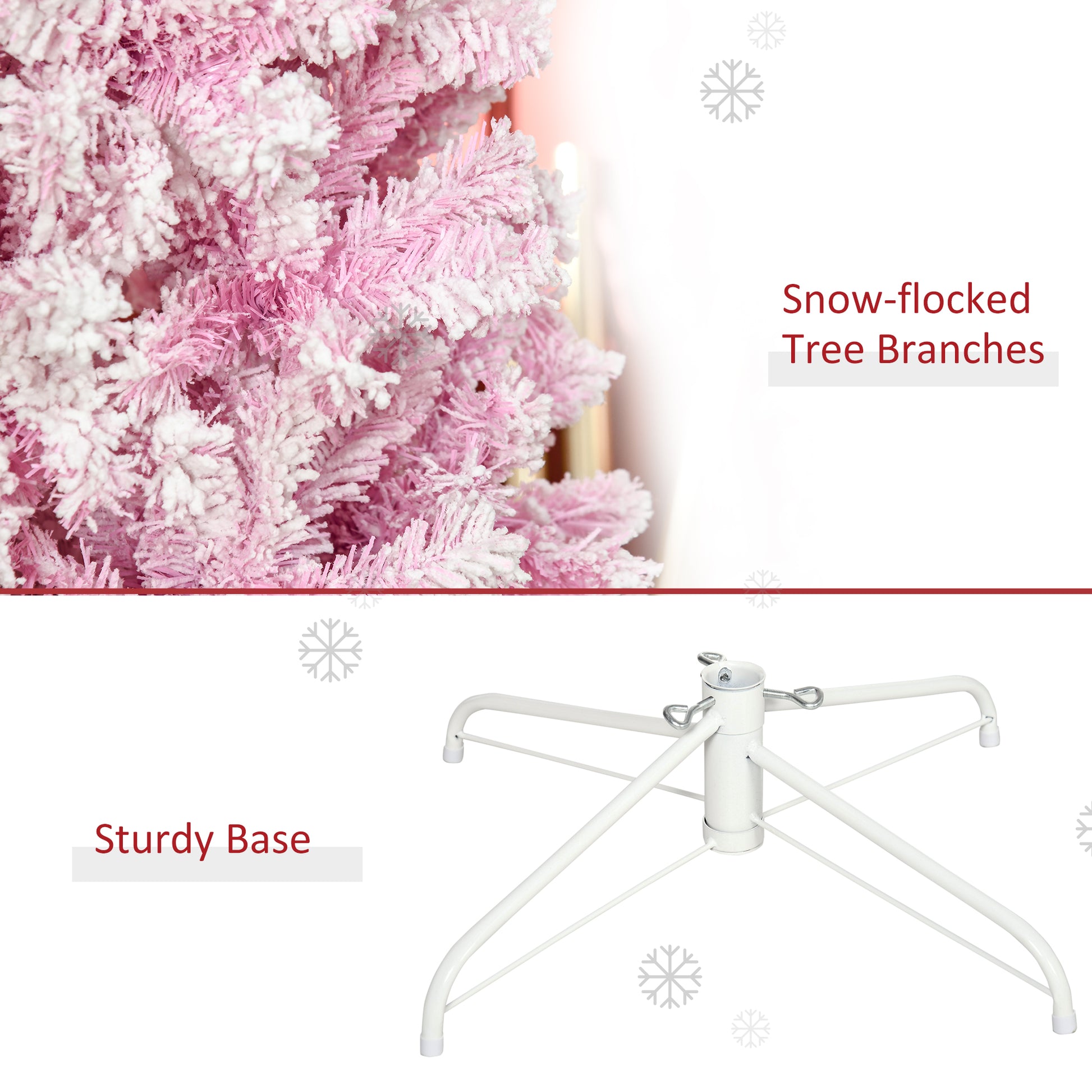 Homcom 7.5' Tall Unlit Snow Flocked Artificial Christmas Tree Slim Pencil Xmas Tree With Pine Shape And Realistic Branches, Pink Pink Plastic