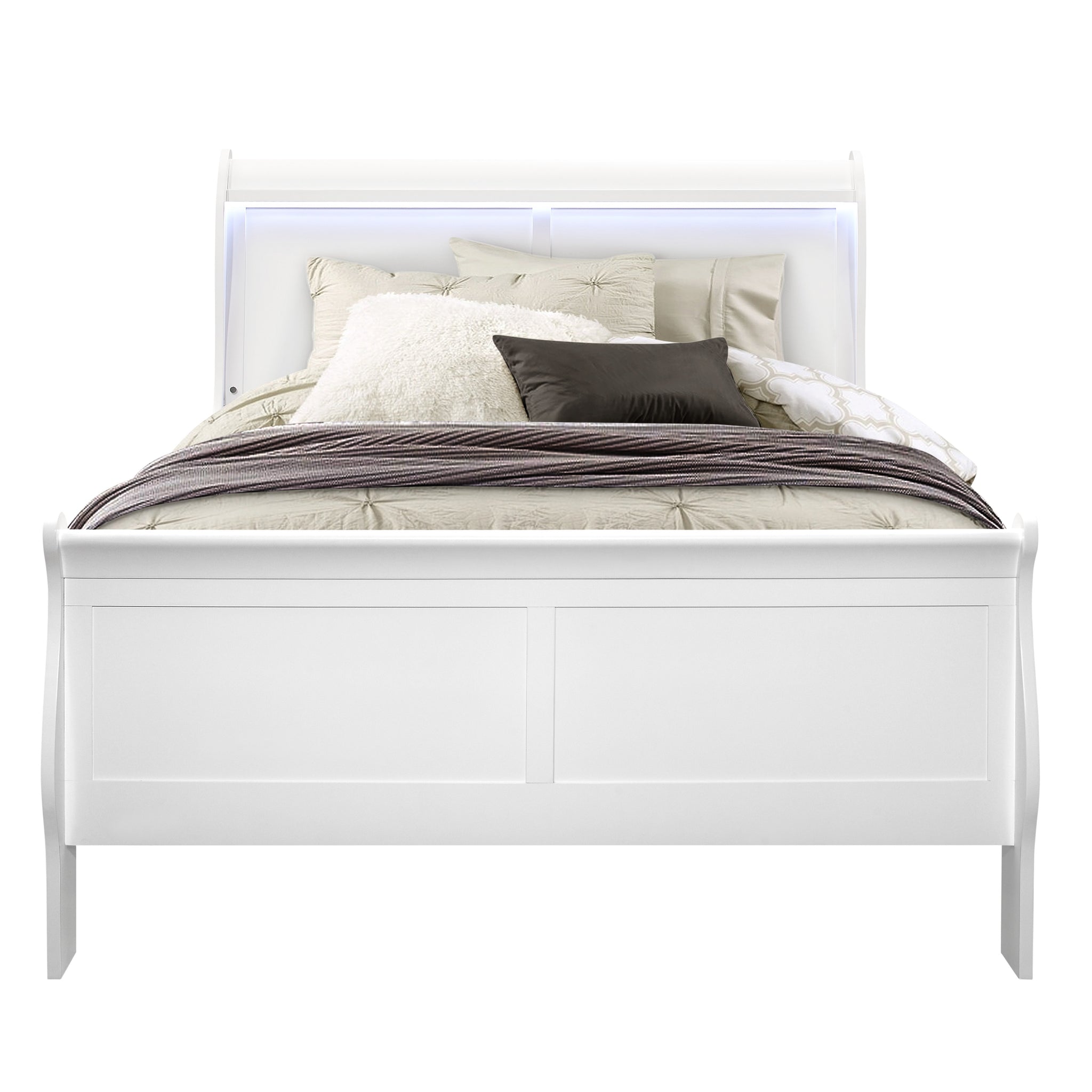 Charlston White Full Bed With Led White Solid Wood Mdf