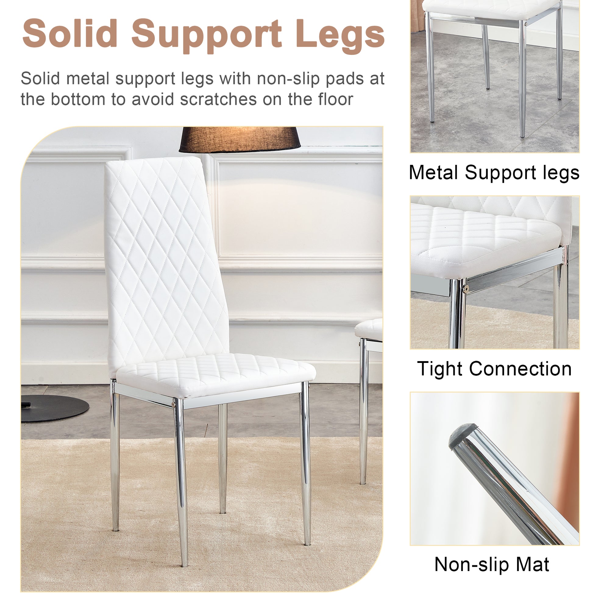 Table And Chair Set.Large Modern Rectangular Table With Brown Glass Top And Silver Metal Legs. Paired With 6 White Chairs With Checkered Armless High Back Pu Cushion And Silver Metal Legs.