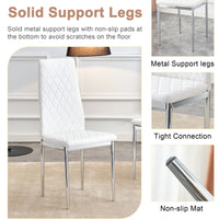 Table And Chair Set.Large Modern Rectangular Table With Brown Glass Top And Silver Metal Legs. Paired With 6 White Chairs With Checkered Armless High Back Pu Cushion And Silver Metal Legs.