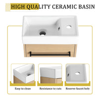 16'' Floating Wall Mounted Bathroom Vanity With Ceramic Sink & Soft Close Cabinet Door, For Small Bathroom Light Oak Bathroom Modern Plywood