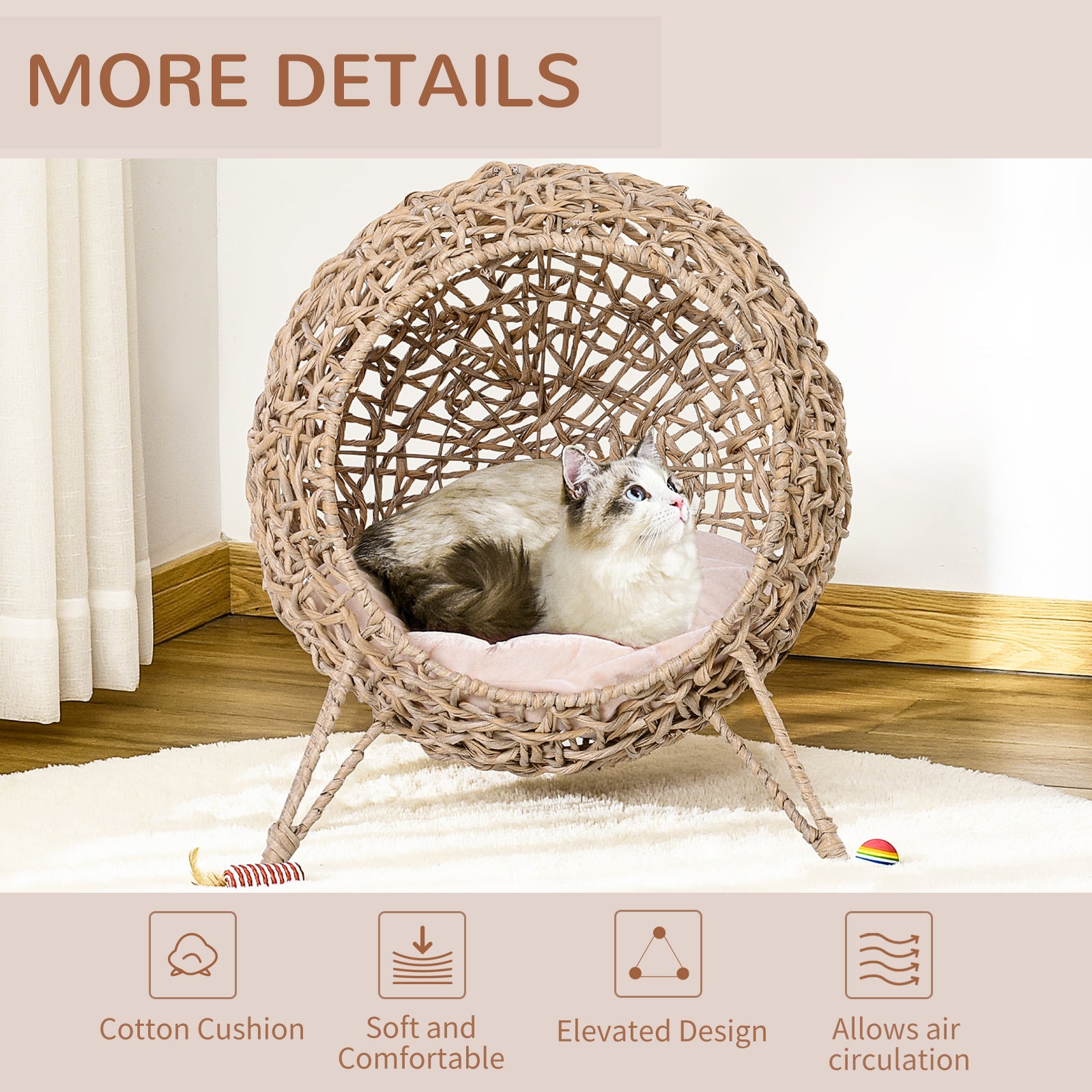 Pawhut 20.5" Weaved Cat Bed, Elevated Hand Woven Braided Banana Leaf Kitten House Condo With Cushion, Beige Beige Rattan