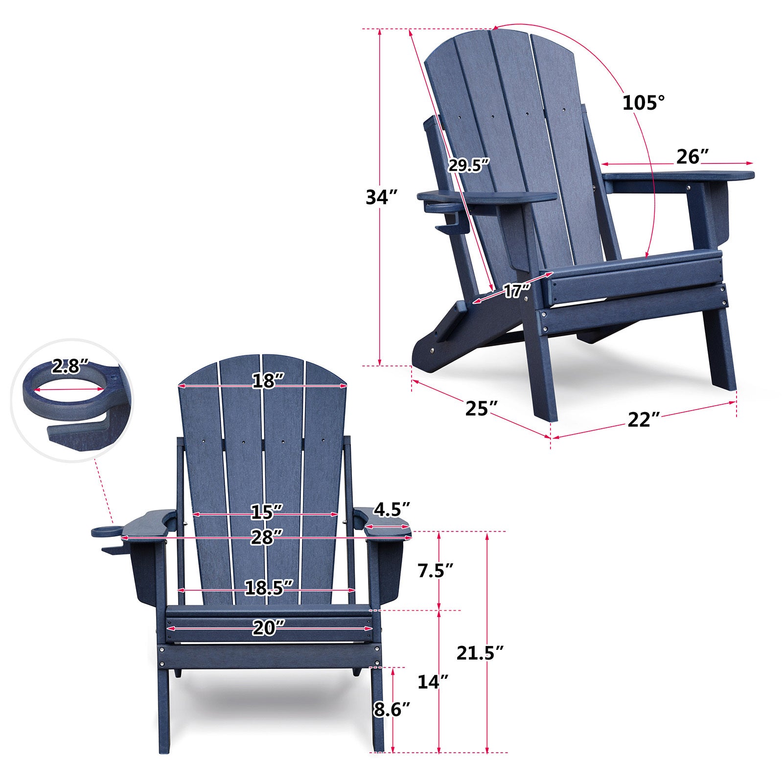 Folding Outdoor Adirondack Chair For Relaxing, Hdpe All Weather Fire Pit Chair, Patio Lawn Chair For Outside Deck Garden Backyardf Balcony, Navy Blue No Adirondack Navy Blue Weather Resistant Frame Garden & Outdoor Modern Complete Patio Sets Hdpe Hdpe