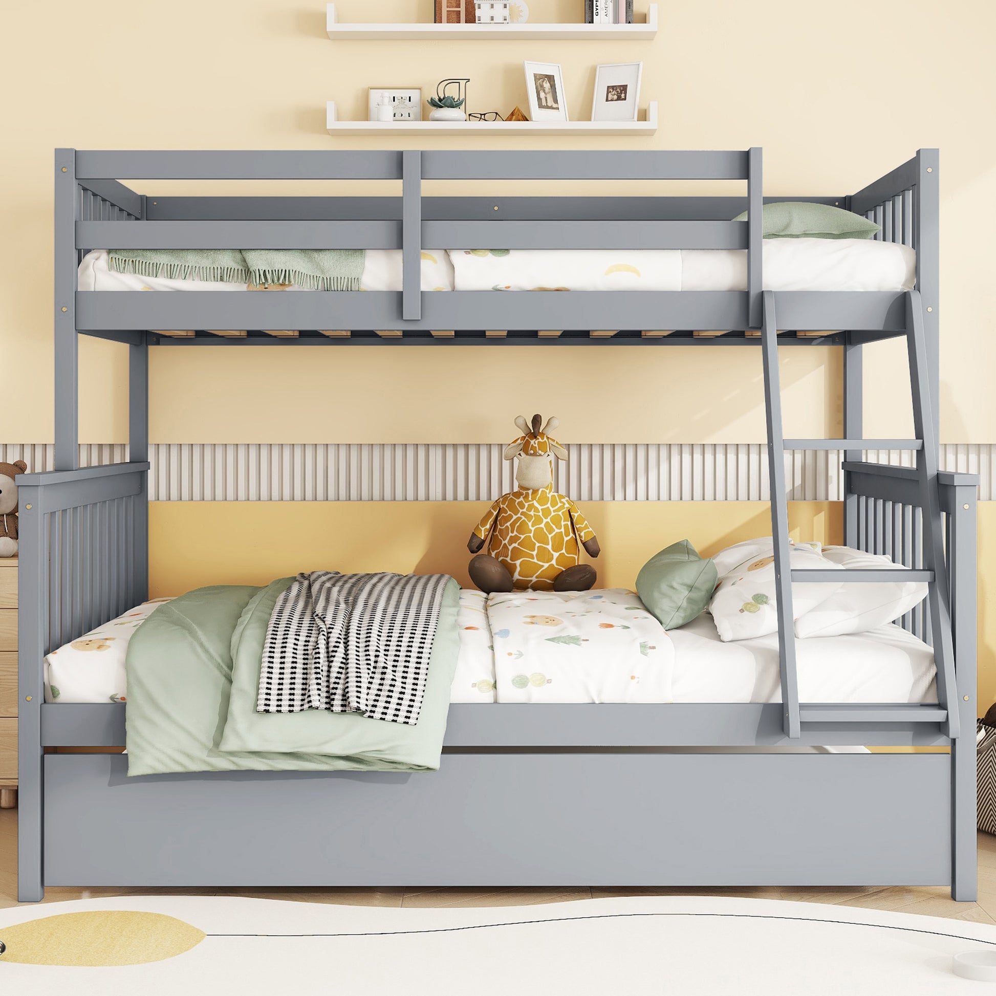 Twin Over Full Rubber Wood Bunk Bed With Trundle, Convertible Ladder And Guardrail, Detachable, Convertible Bed, With Twin Size Trundle ,Grey Twin Grey Rubber Wood