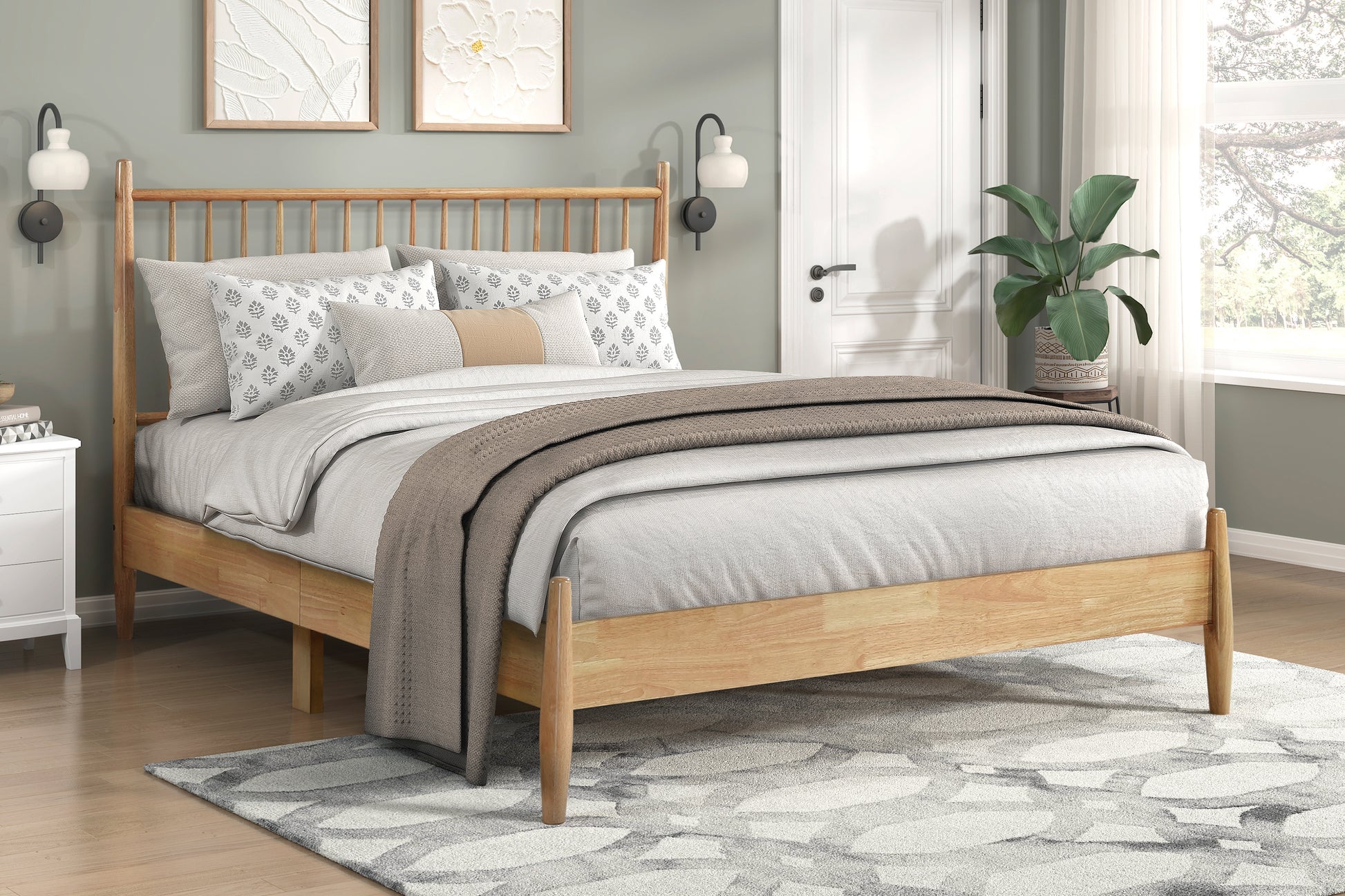 Mid Century Modern Design Queen Platform Bed 1Pc Natural Finish Wooden Bedroom Furniture Vertical Slats Headboard, Bed In A Box Box Spring Not Required Queen Natural Wood Bedroom Mid Century Modern