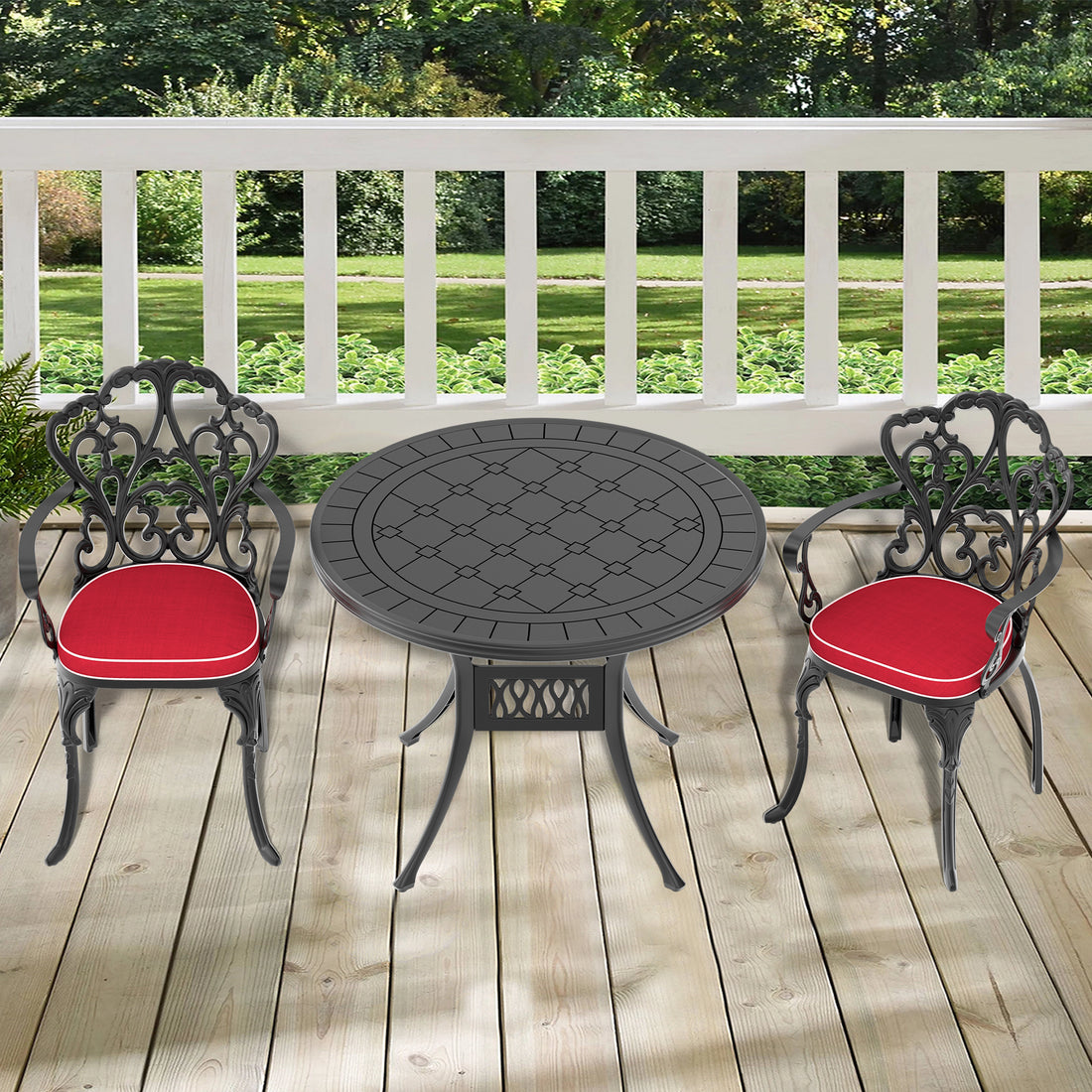 Cushions In Random Colors 3 Piece Set Of Cast Aluminum Patio Furniture With Cushions Yes Dining Set Black Seats 2 Rust Resistant Frame Water Resistant Cushion Garden & Outdoor Complete Patio Sets Aluminium
