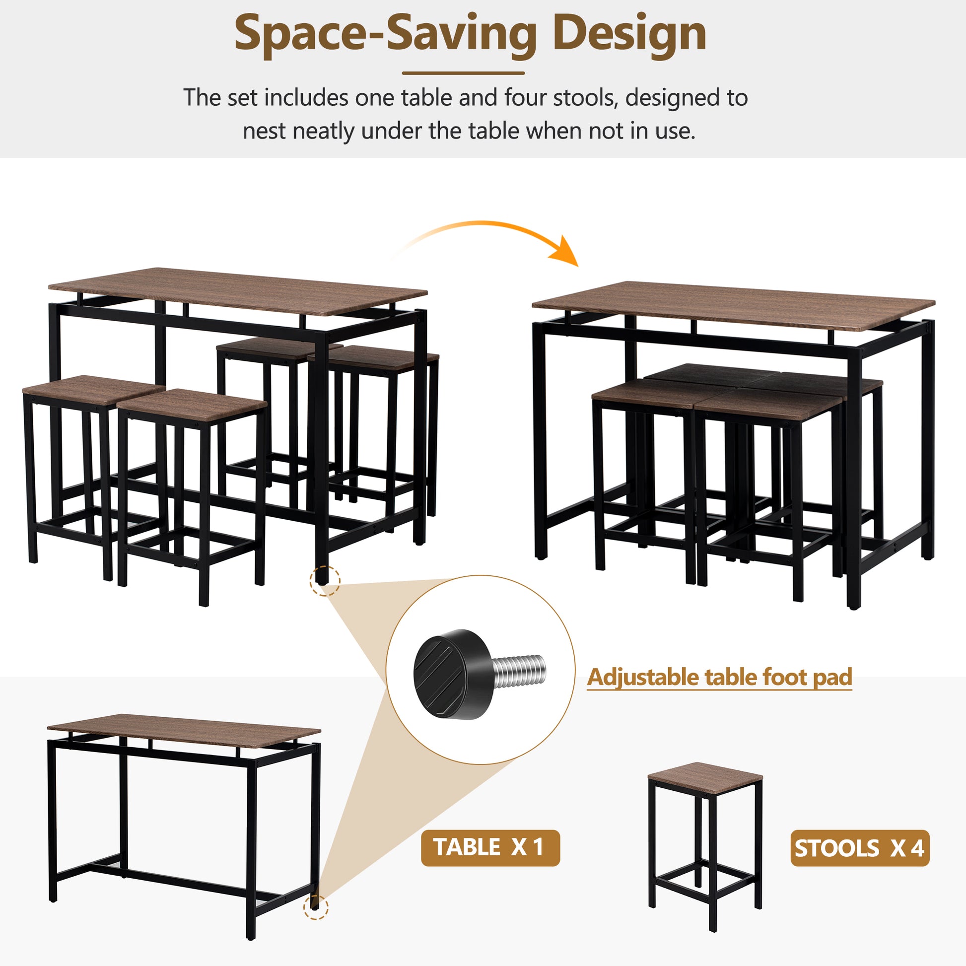 5 Piece Compact Bar Table Set With Table And Stools Modern Industrial Design, Space Saving Furniture For Dining Room And Breakfast Nook Dark Brown Dark Brown Mdf Steel