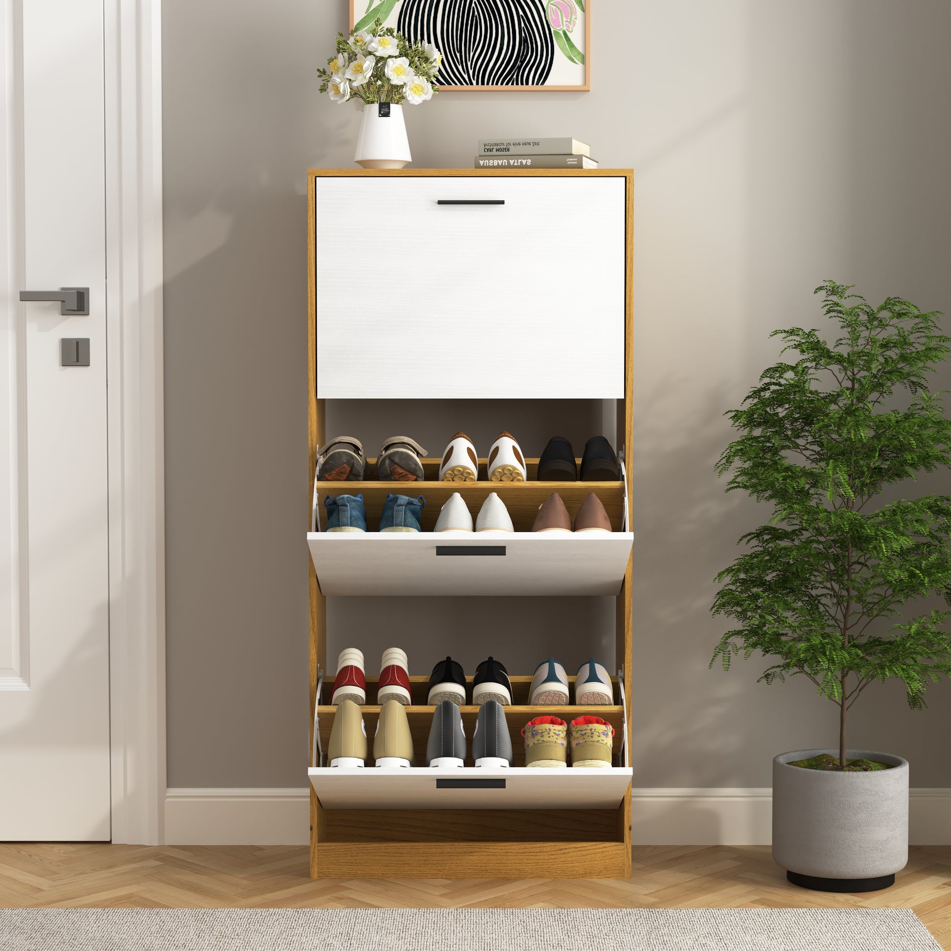 Shoe Storage Cabinet With 3 White Panel Flip Drawers, Freestanding Organizer For Entryway, Narrow Shoe Rack Cabinet 3 4 Spaces Natural Primary Living Space Particle Board