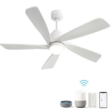 52 Inch Modern Ceiling Fan With Dimmable Led Light 5 Solid Wood Blades Smart Remote Control Reversible Dc Motor White Metal & Wood