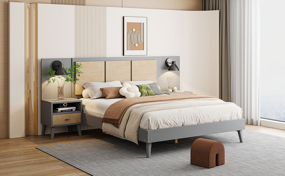 Queen Size Solid Wood Bed Frame With 2 Nightstands, Elegant Design With Lamps, Rattan And Wood Combination,Gray Queen Gray Wood