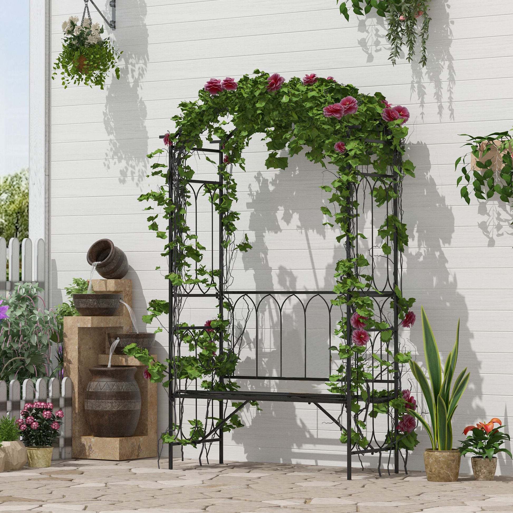 Outsunny Metal Trellis Arbor Arch For Climbing Plants With Garden Bench, Grow Grapes & Vines, Patio Decor & 2 Person Outdoor Steel Decorative Seating, 484 Lbs. Weight Capacity, Black Black Metal