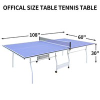 9Ft Mid Size Table Tennis Table Foldable & Portable Ping Pong Table Set For Indoor Games With Net, 2 Table Tennis Paddles And 3 Balls Blue Mdf