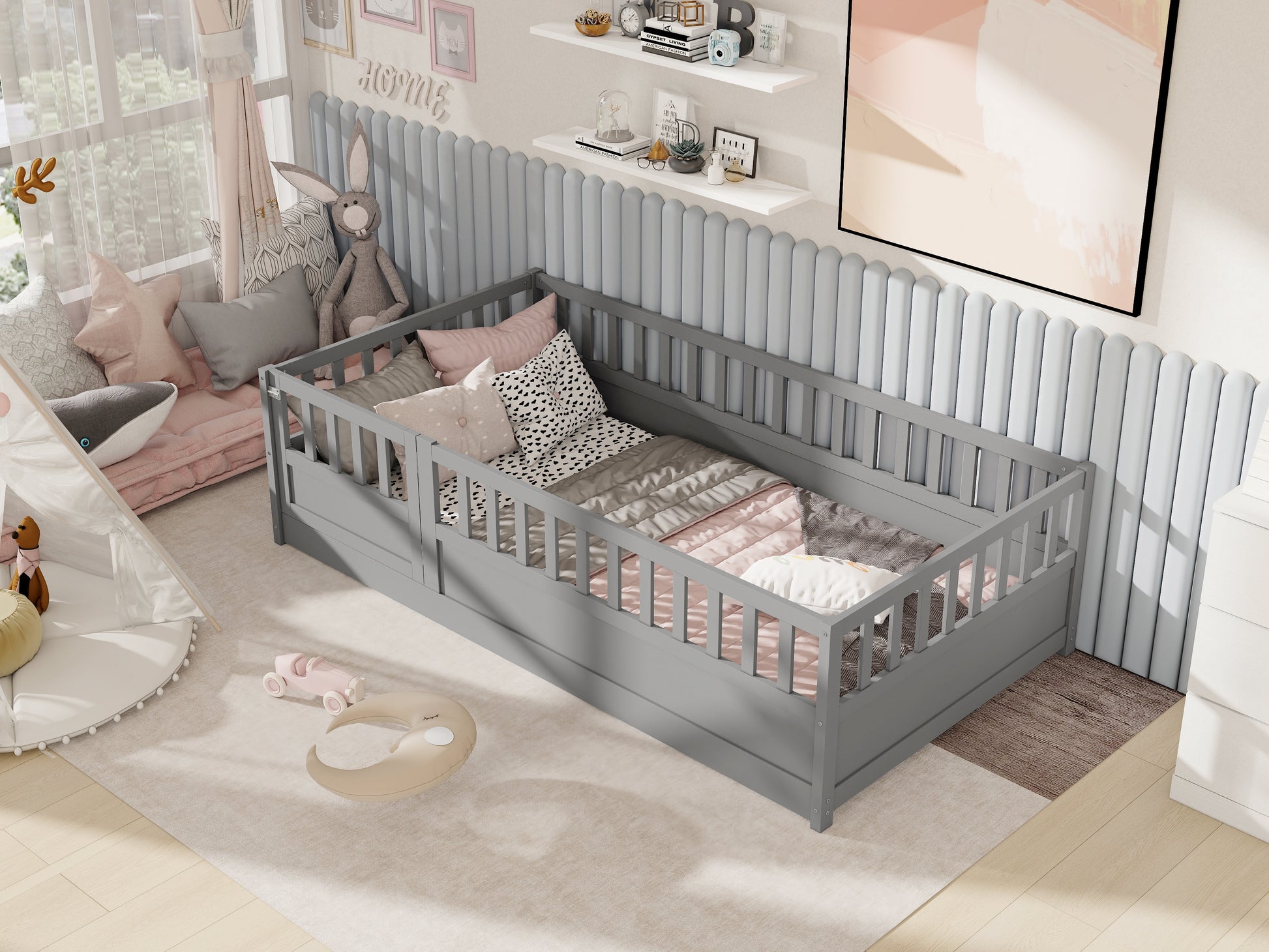 Twin Size Floor Bed, Integral Construction With Super High Security Barrier, Door, Children'S Floor Bed Frame, Montessori Wooden Children'S Floor Bed, Grey Box Spring Required Twin Grey Wood Brown