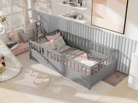 Twin Size Floor Bed, Integral Construction With Super High Security Barrier, Door, Children'S Floor Bed Frame, Montessori Wooden Children'S Floor Bed, Grey Box Spring Required Twin Grey Wood Brown