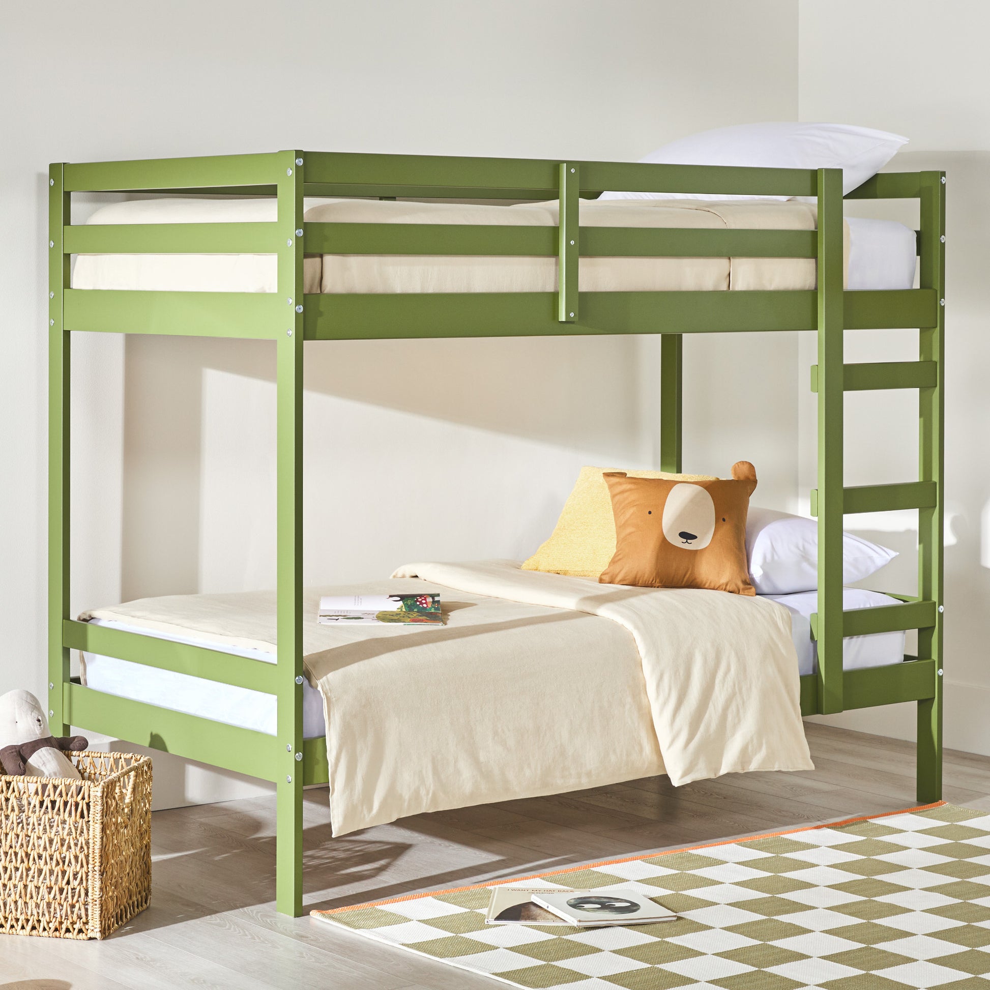 Modern Simple Solid Wood Twin Over Twin Bunk Bed, Olive Green Olive Green Pine Pine