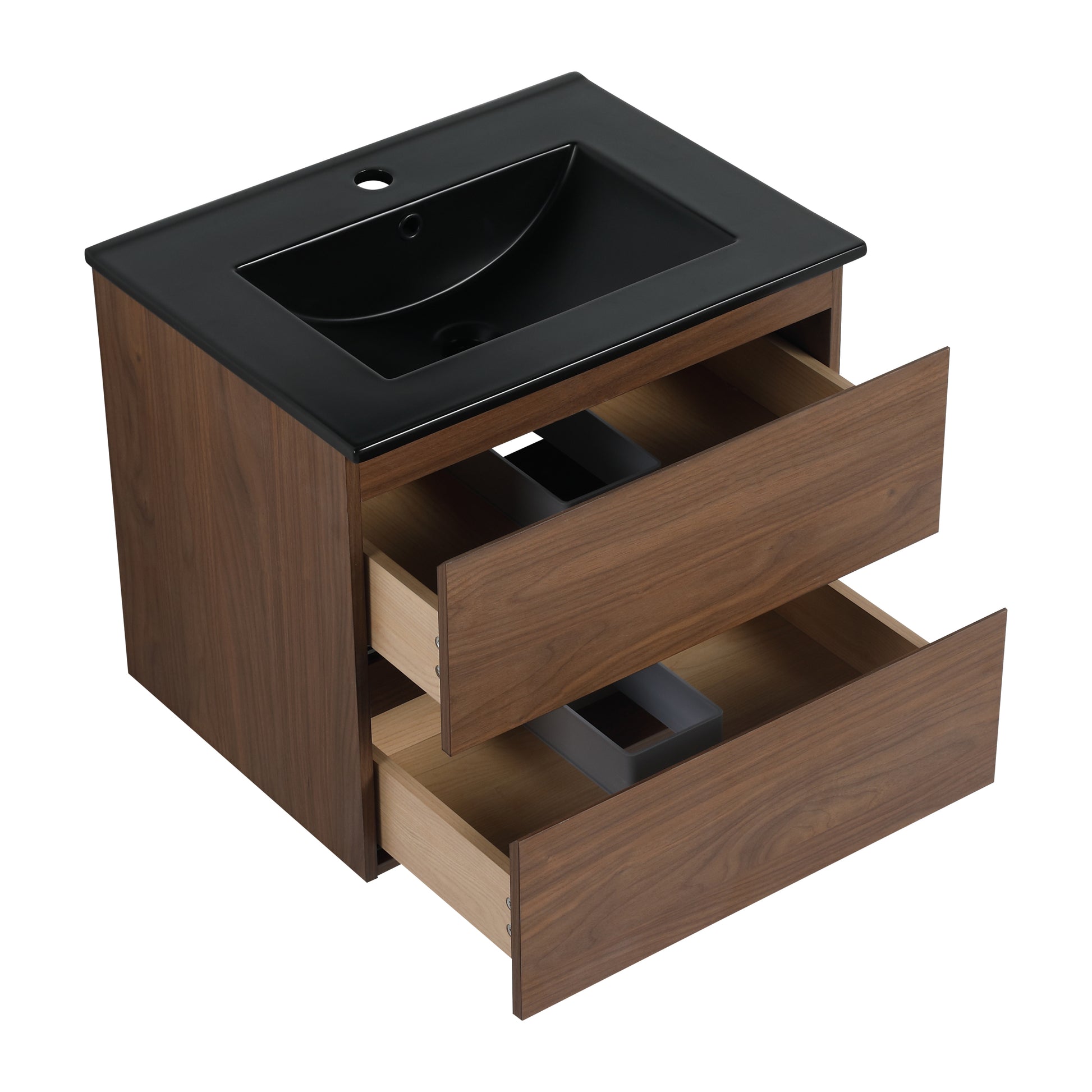 24" Wall Mounted Bathroom Vanity With Black Ceramic Sink, 2 Soft Close Drawers, Kd Package 2 Brown Oak Bathroom Wall Mounted Modern Plywood