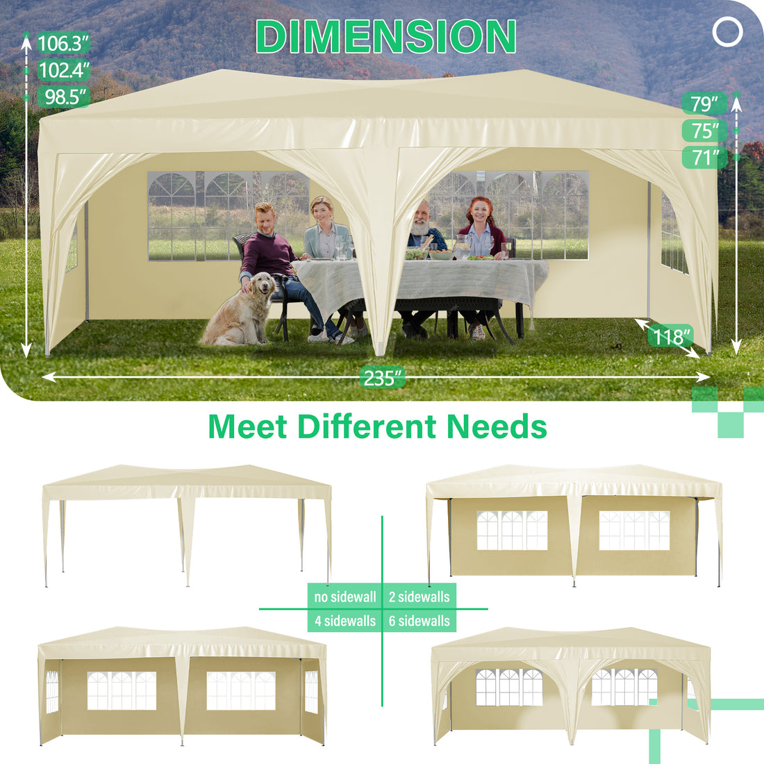 10'X20' Pop Up Canopy Tent With 6 Sidewalls, Ez Pop Up Outdoor Canopy For Parties, Waterproof Commercial Tent With 3 Adjustable Heights, Carry Bag, 6 Sand Bags, 6 Ropes And 12 Stakes, Beige Beige Metal