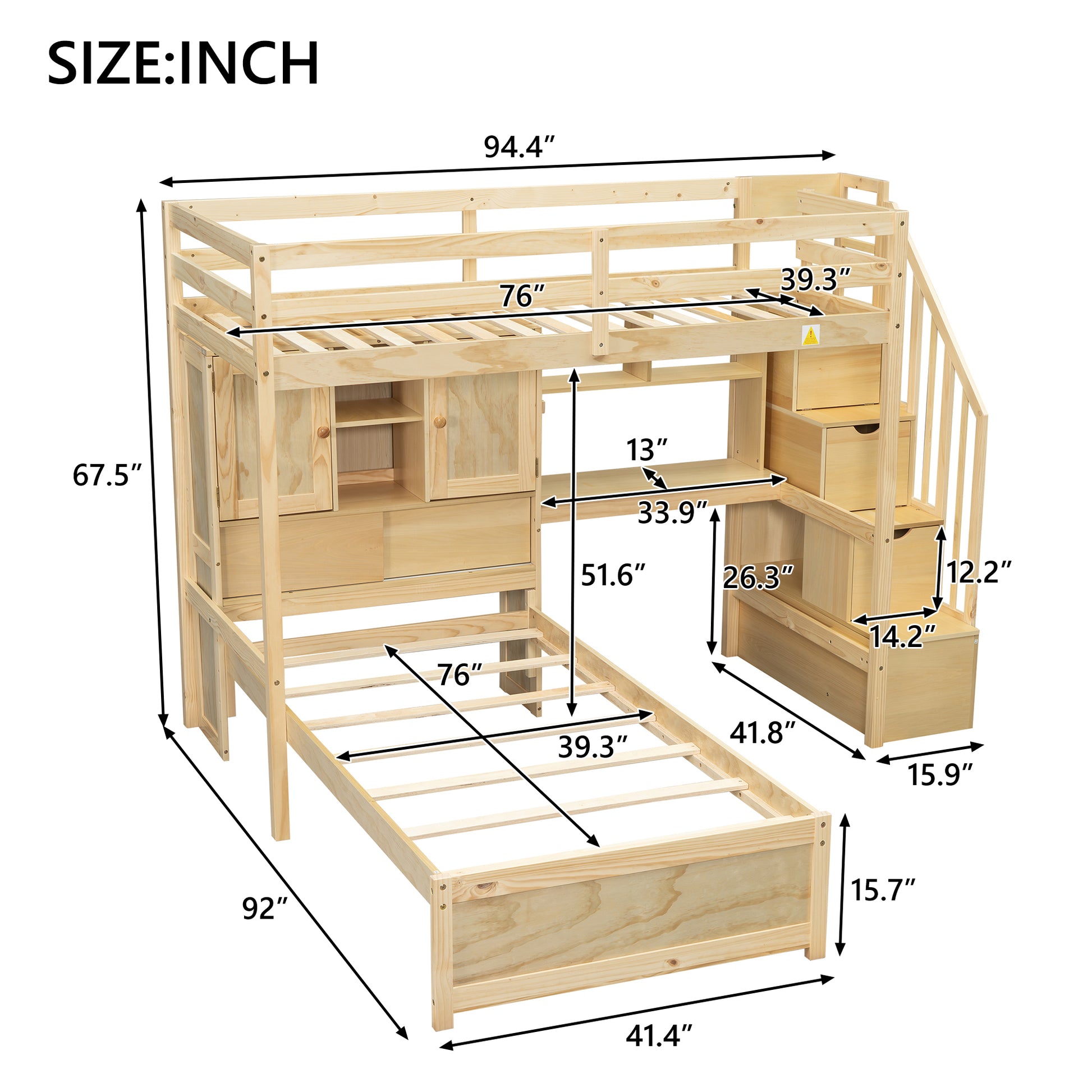 Twin Over Twin Loft Bed With Built In Desk And Staircase, With Storage Compartments And Shelves, Natural Twin Box Spring Not Required Natural Wood Pine