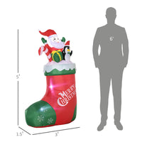 Outsunny 5Ft Christmas Inflatables Outdoor Decorations Santa And Penguin Standing In Sock With Candy Cane Gift Box, Blow Up Led Yard Christmas Decor For Lawn Garden Party Red Polyester